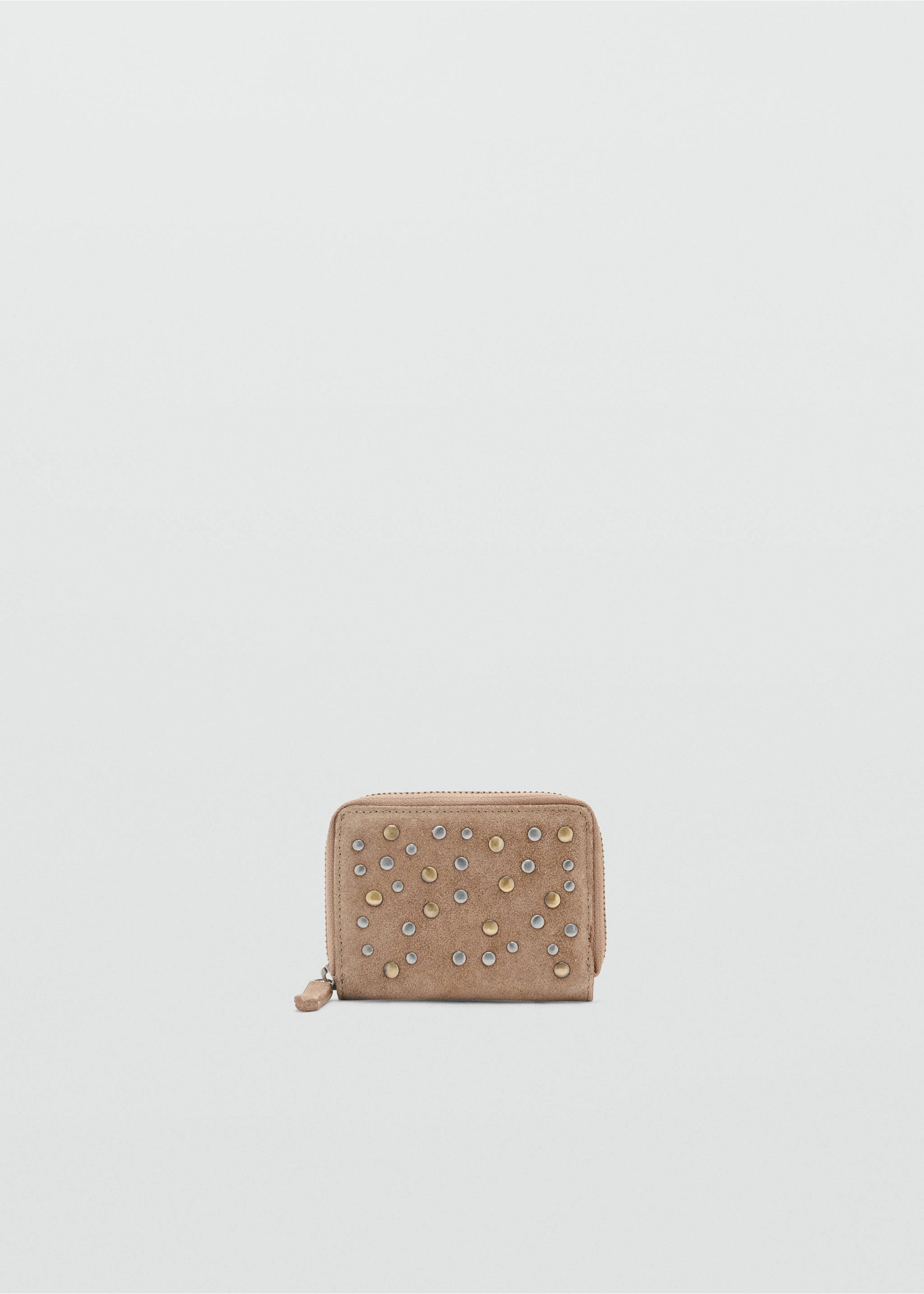 Beige wallet with mixed metal studs and zip-around closure., Sand. Ref: 37084430-00.