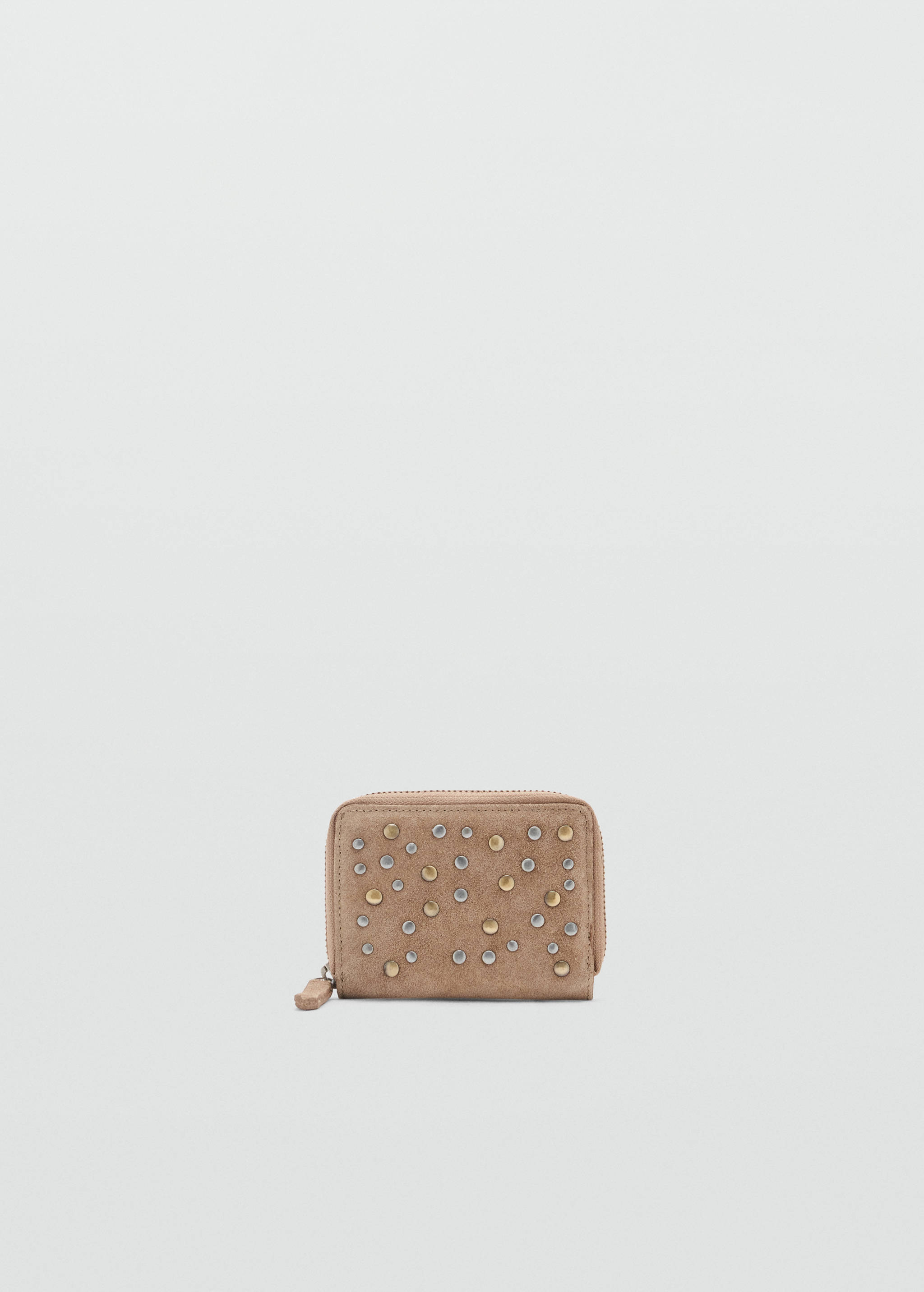 Beige wallet with mixed metal studs and zip-around closure.