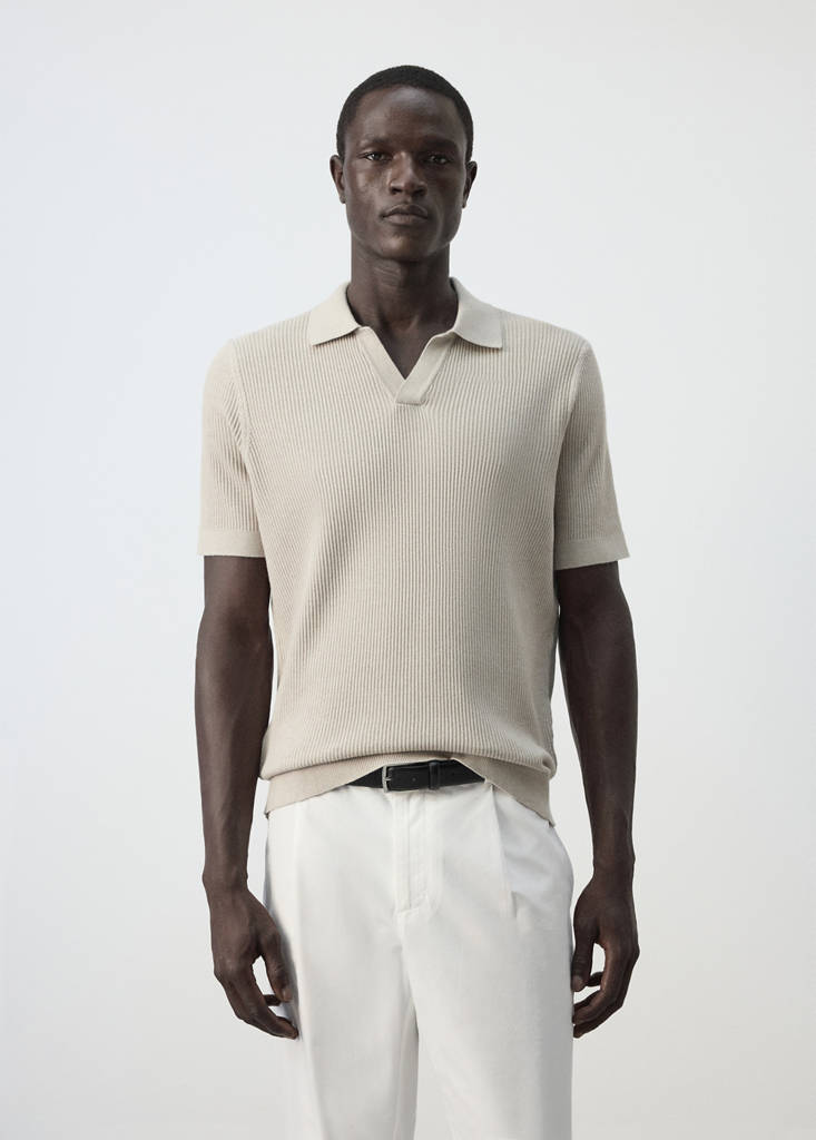 Rib-knit cotton-blend polo shirt — Beige