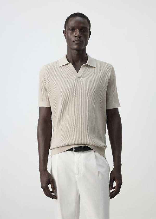 Rib-knit cotton-blend polo shirt — Beige