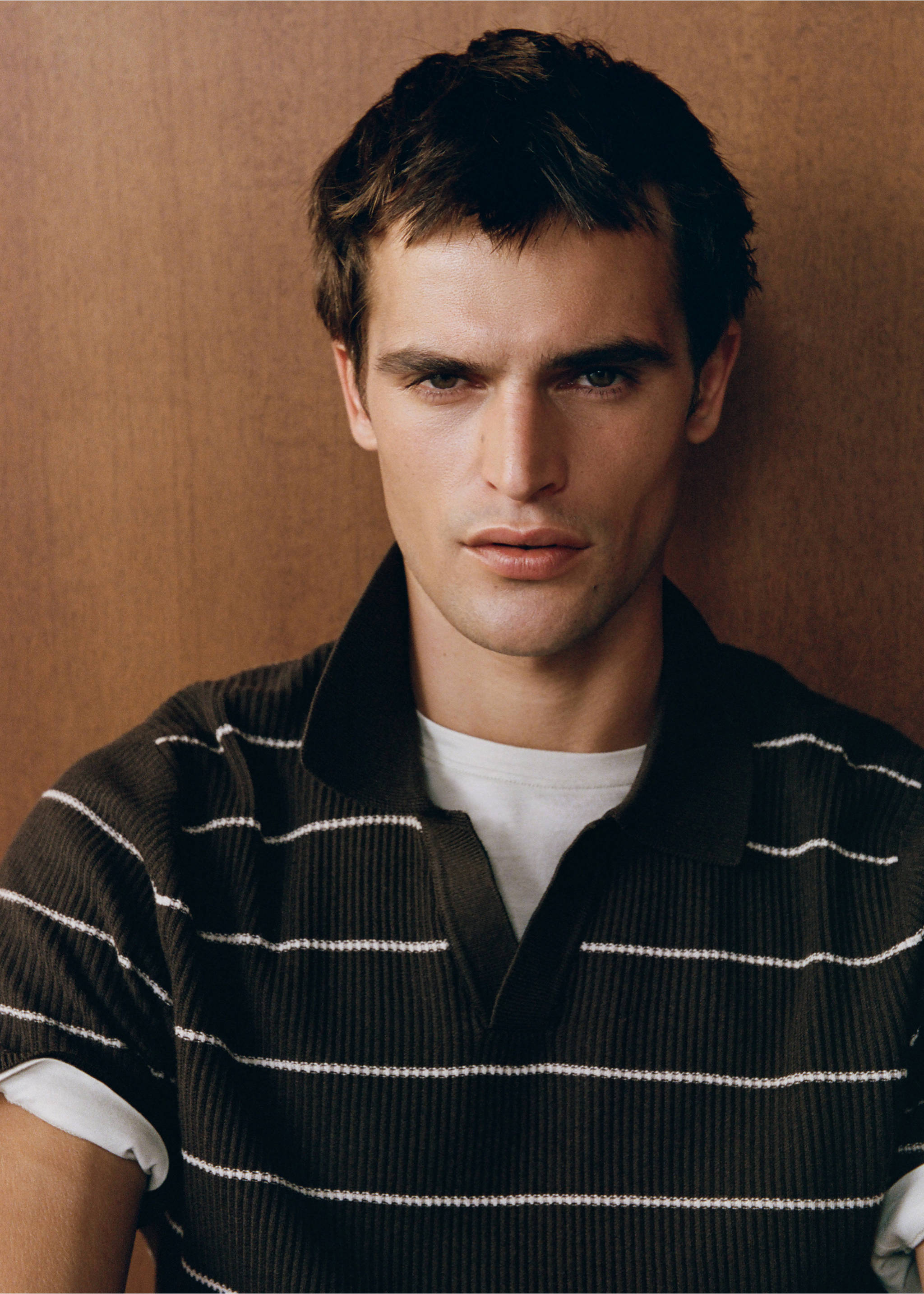 Rib-knit cotton-blend polo shirt - Details of the article 5, Chocolate. Ref: 37084460-00.