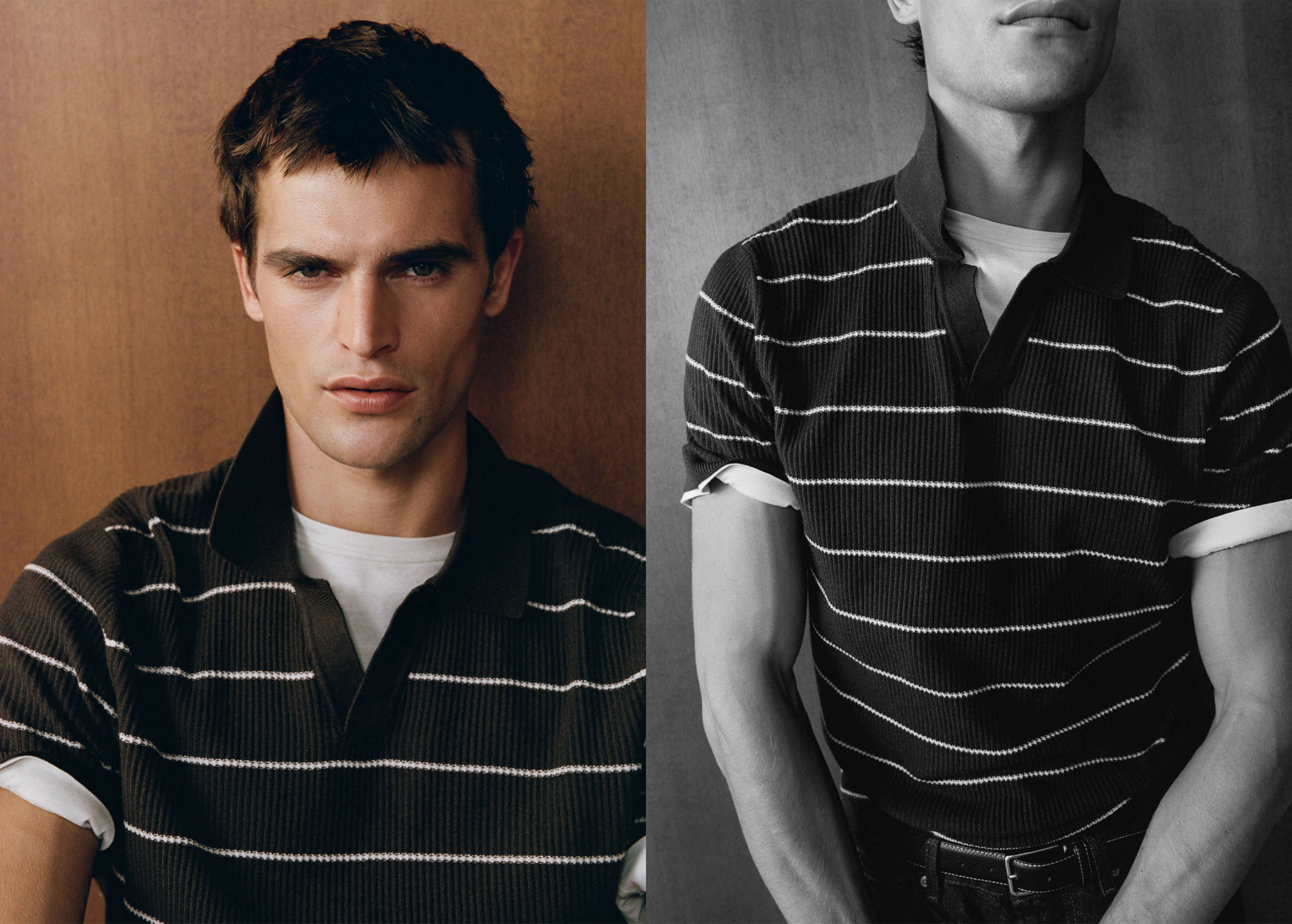 Dark striped ribbed polo shirt layered over a white t-shirt, shown in a two-panel portrait.