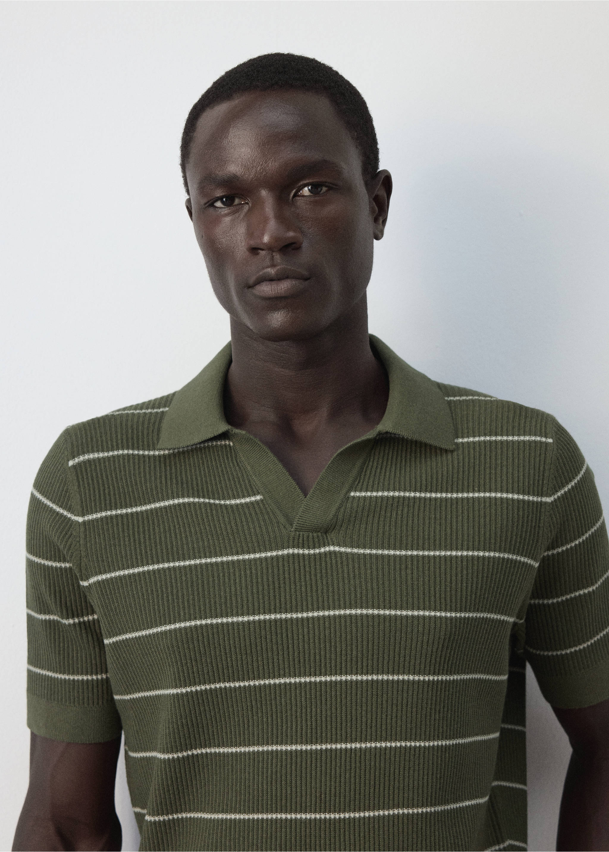Rib-knit cotton-blend polo shirt - Details of the article 1, Olive Green. Ref: 37084460-00.