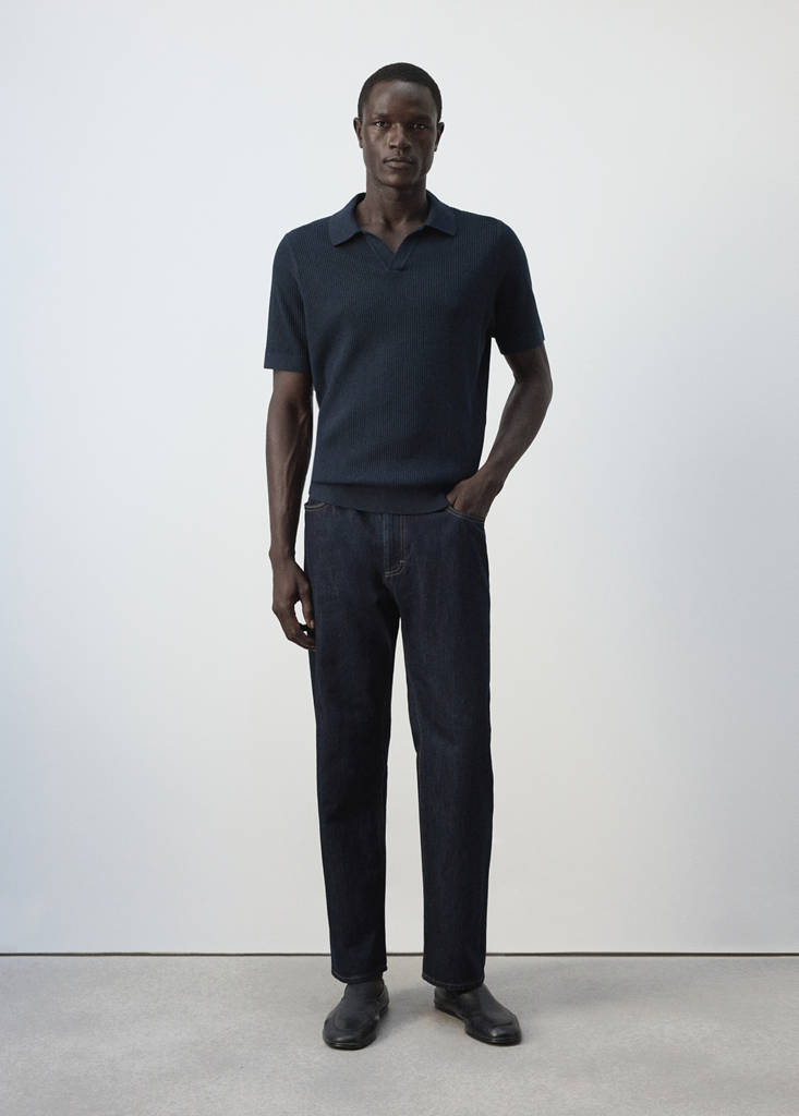 Rib-knit cotton-blend polo shirt — Navy