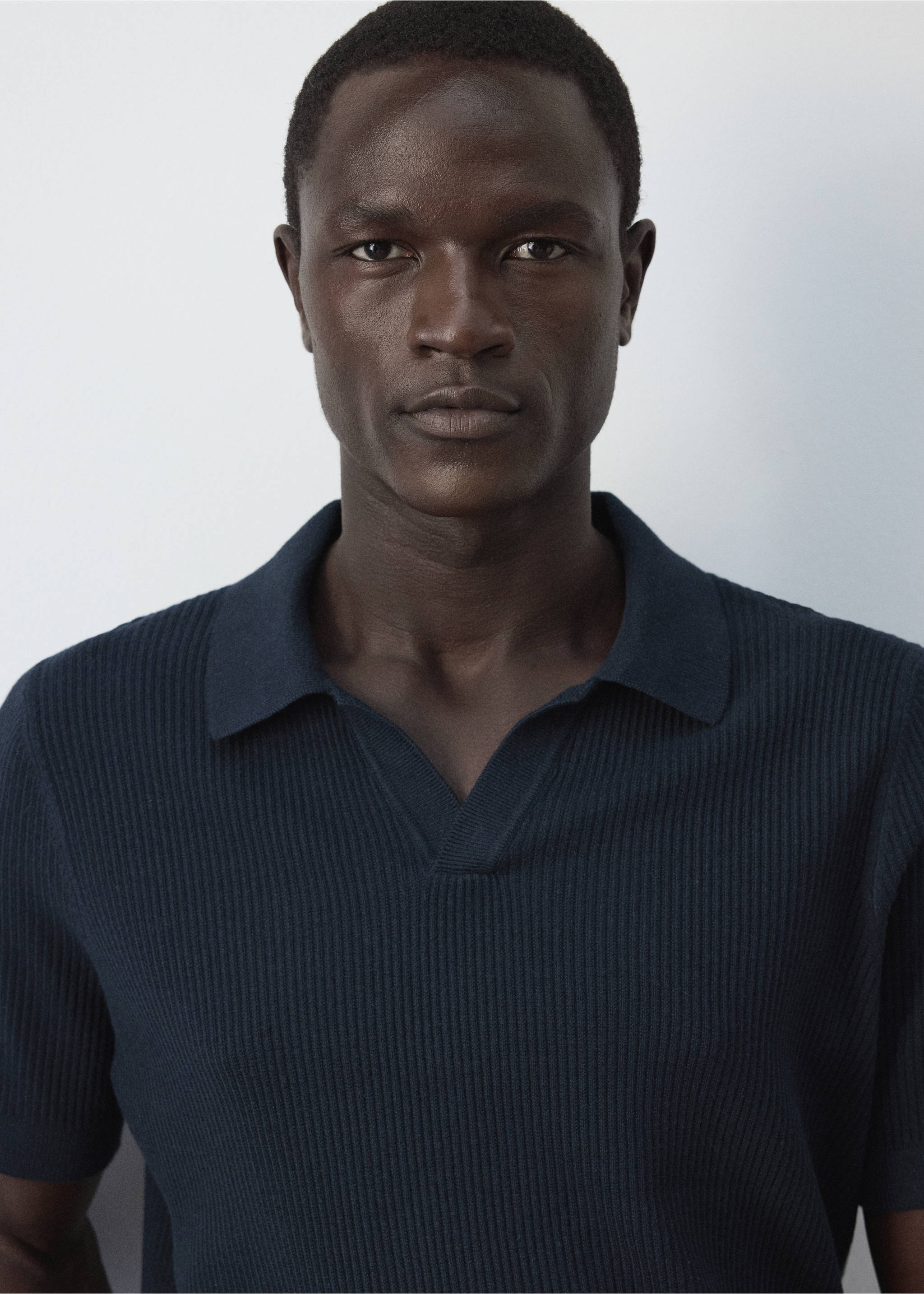 Rib-knit cotton-blend polo shirt - Details of the article 1, Navy. Ref: 37084460-00.