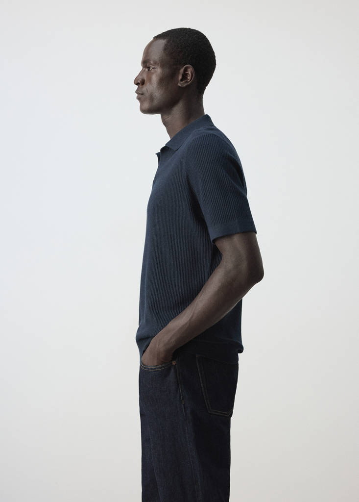Rib-knit cotton-blend polo shirt — Navy