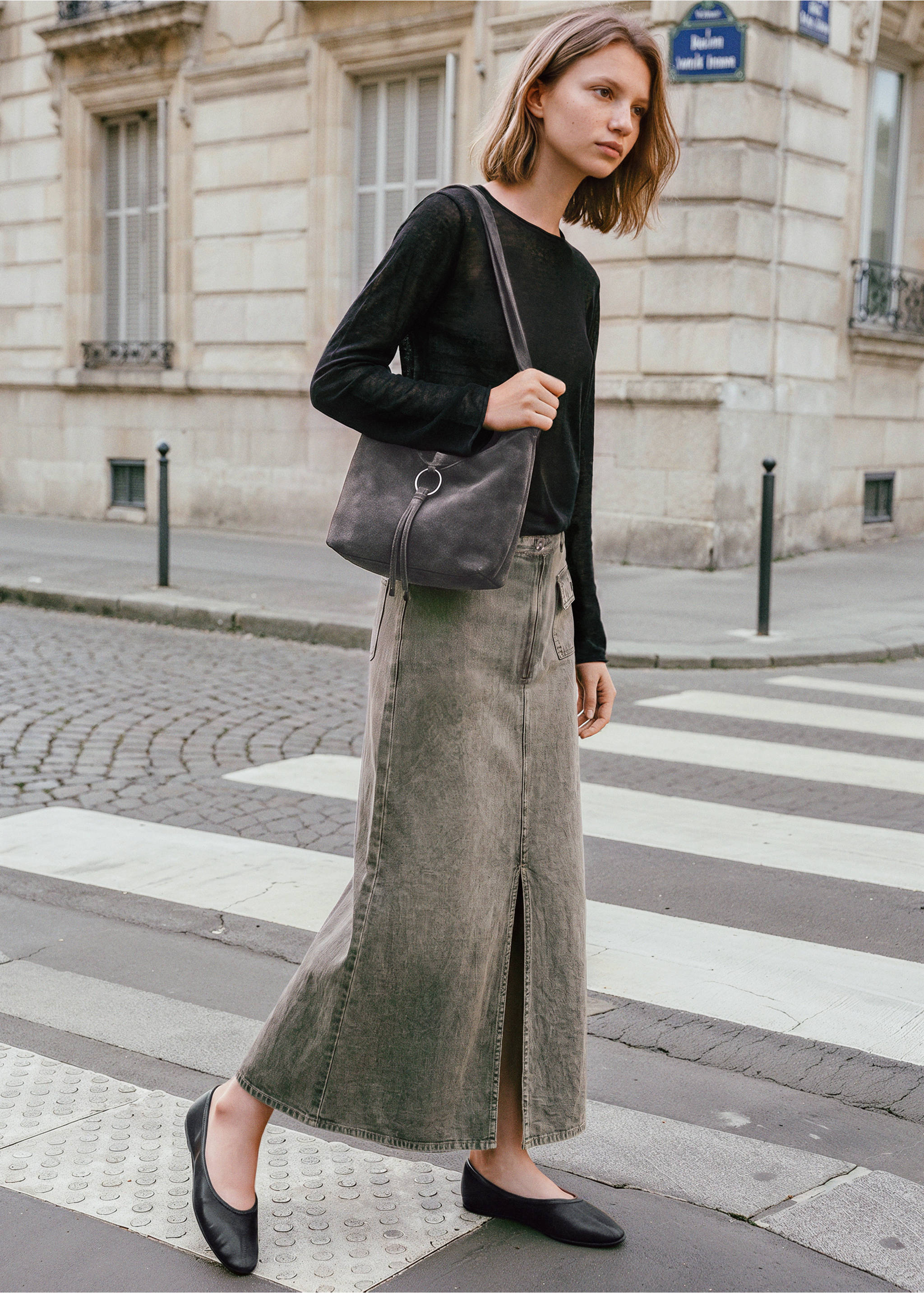 Slit denim skirt - General plane, Khaki. Ref: 37084781-00.