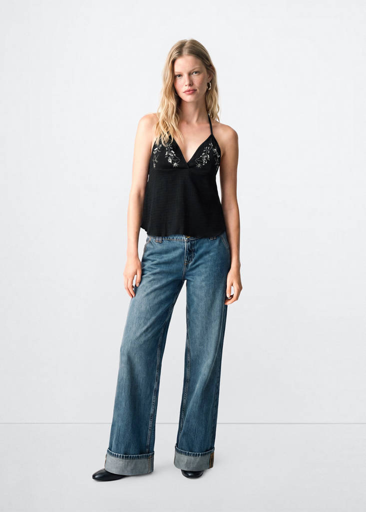 Haftowany top z dekoltem typu halter czarny - Teen - XXS - MANGO TEEN
