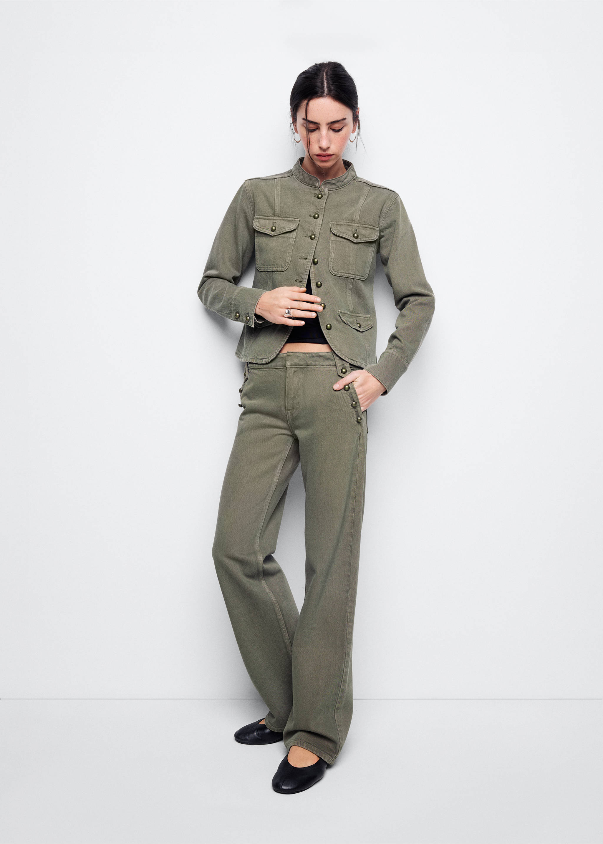 Low-waist jeans with buttons - General plane, Khaki. Ref: 37084793-00.