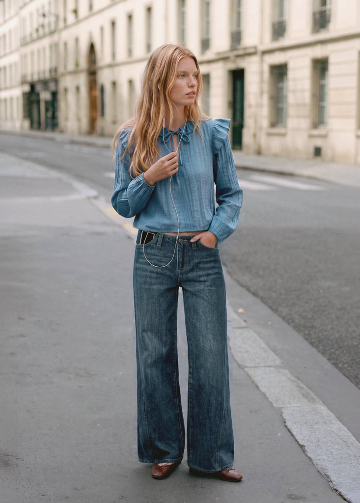 Pleated blouse with ruffles — Sky Blue