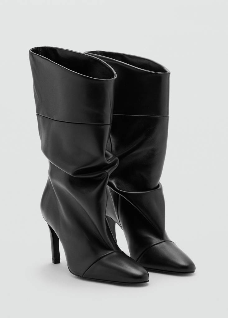 Ruched leather heeled ankle boot — Black