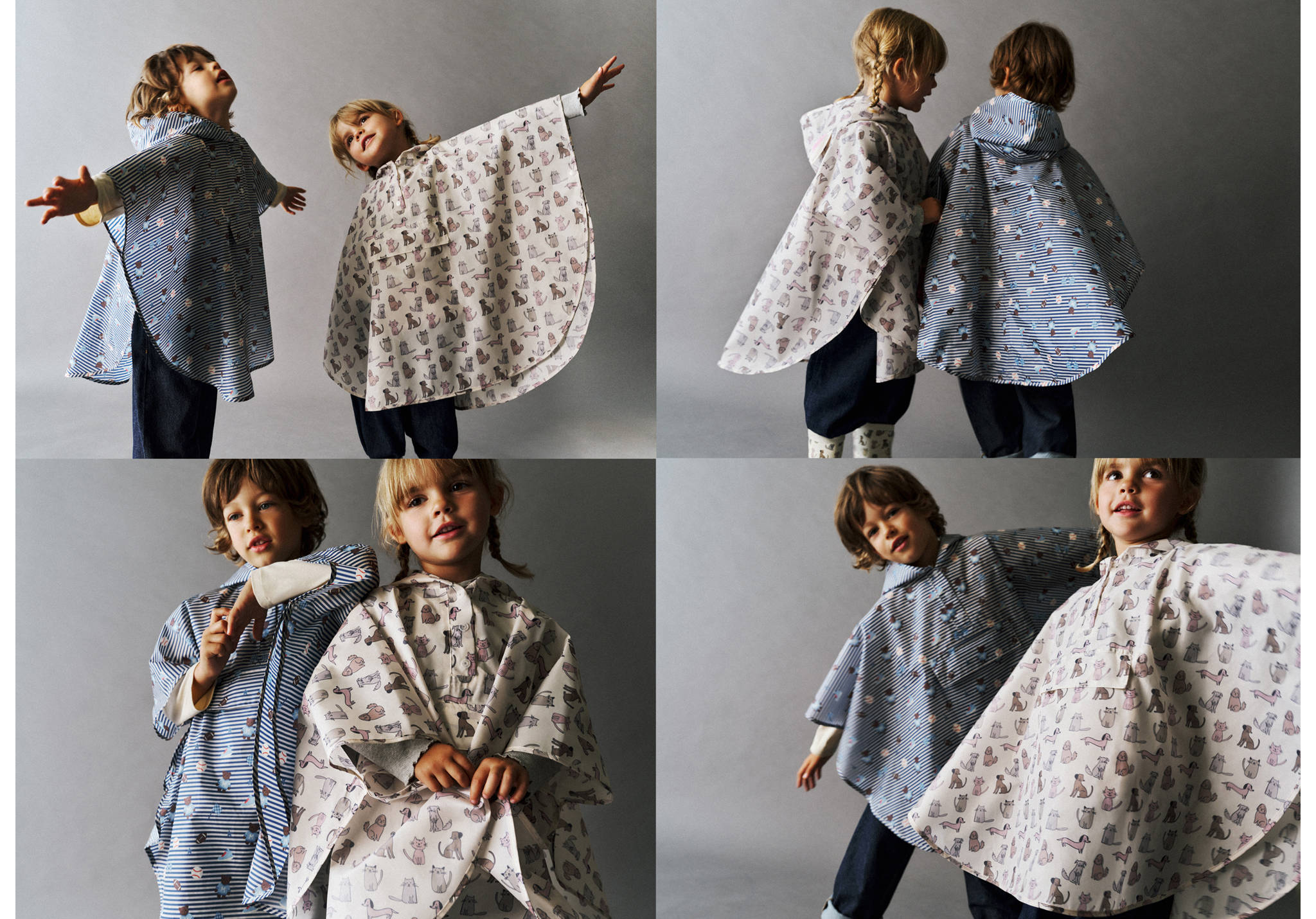Reversible children's hooded poncho with blue stripes and a cat-and-dog print, shown in a four-part view.