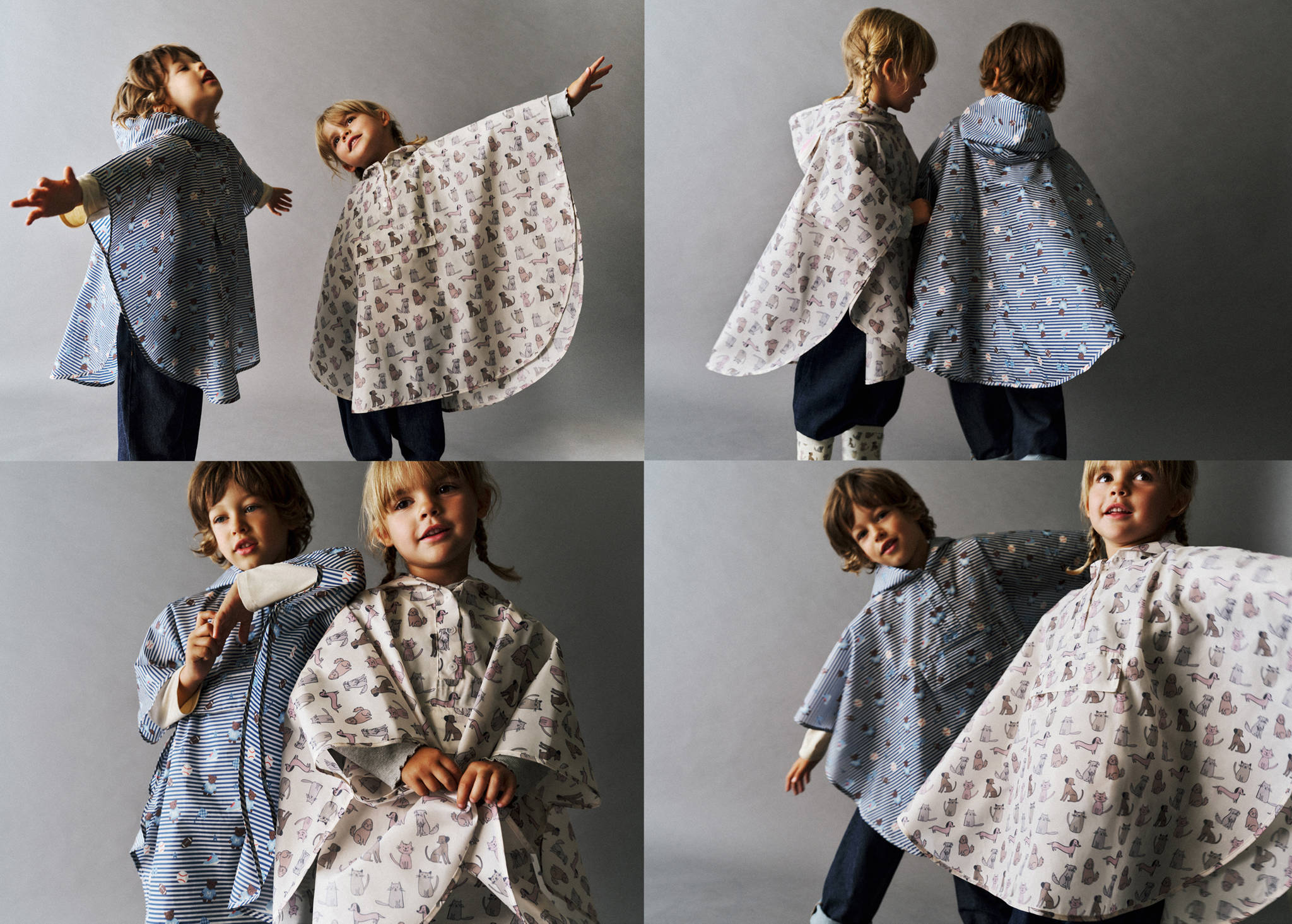 Poncho infantil con capucha reversible, rayas azules y estampado de gatos y perros, en vista de cuatro partes.