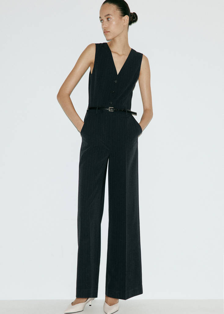 Pinstripe jumpsuit with belt — Navy