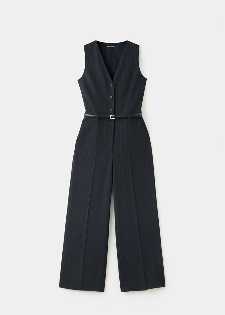 Pinstripe jumpsuit with belt — Navy