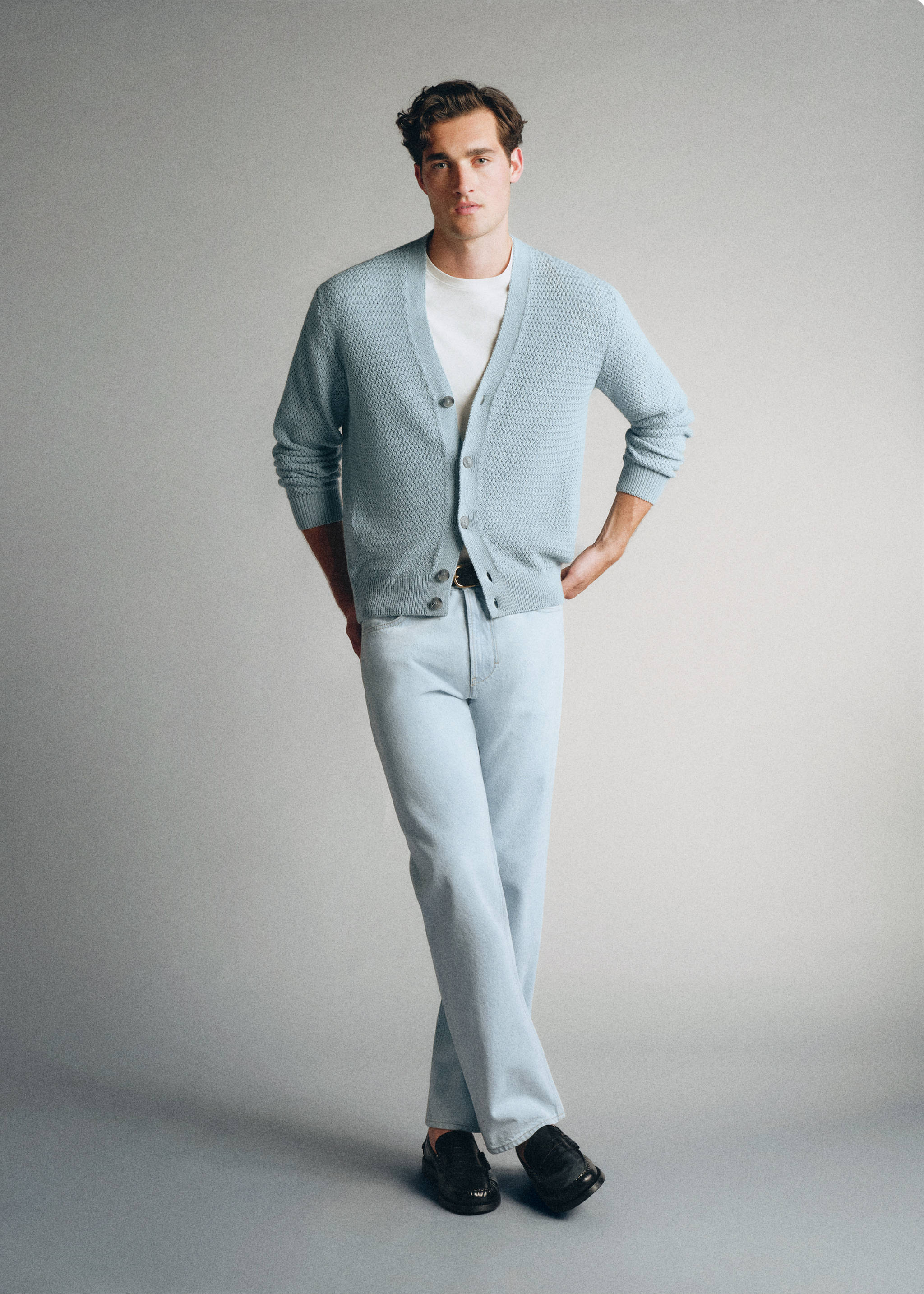 100% cotton cable-knit cardigan made in Italy - General plane, Sky Blue. Ref: 37085839-00.