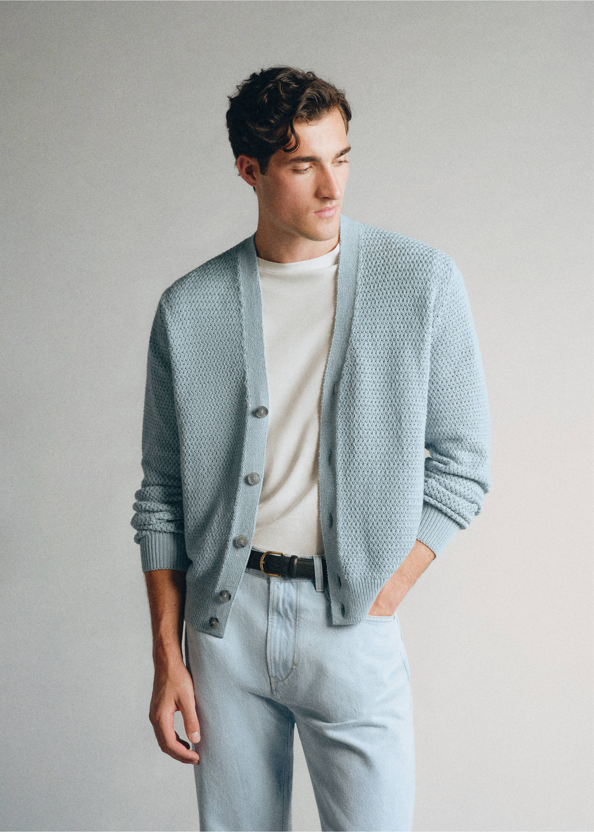 100% cotton cable-knit cardigan made in Italy - Medium plane, Sky Blue. Ref: 37085839-00.