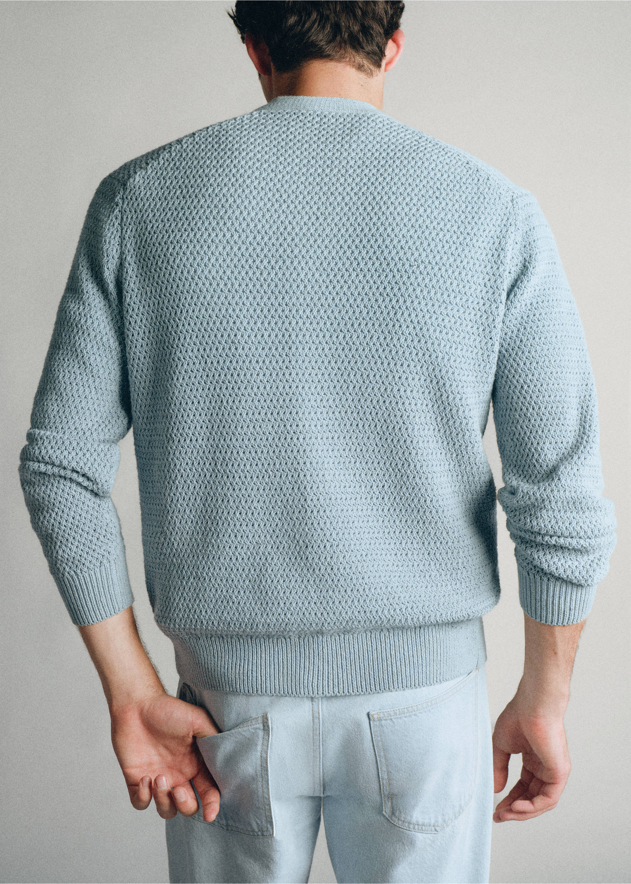 100% cotton cable-knit cardigan made in Italy - Reverse of the article, Sky Blue. Ref: 37085839-00.