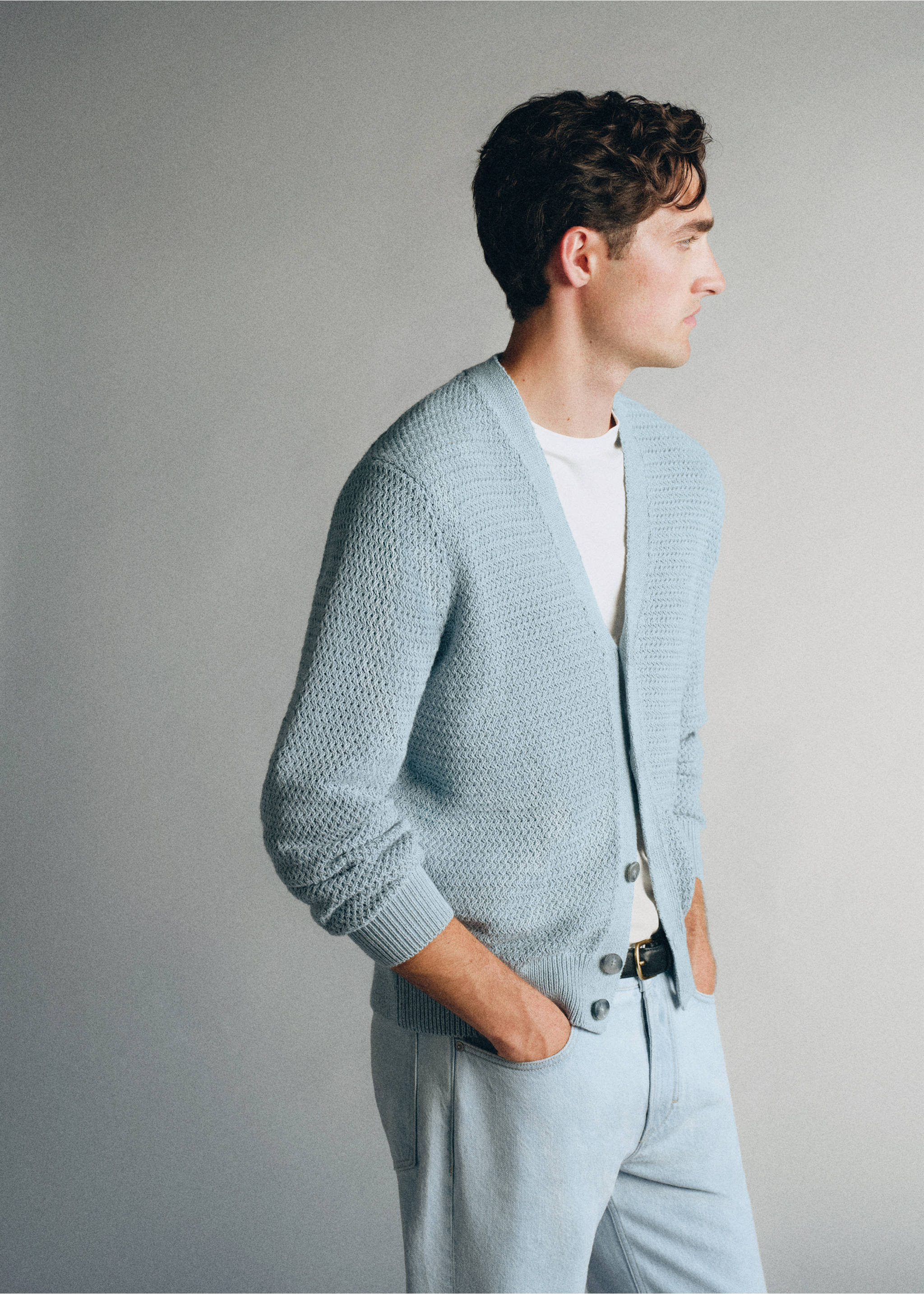 100% cotton cable-knit cardigan made in Italy - Details of the article 2, Sky Blue. Ref: 37085839-00.