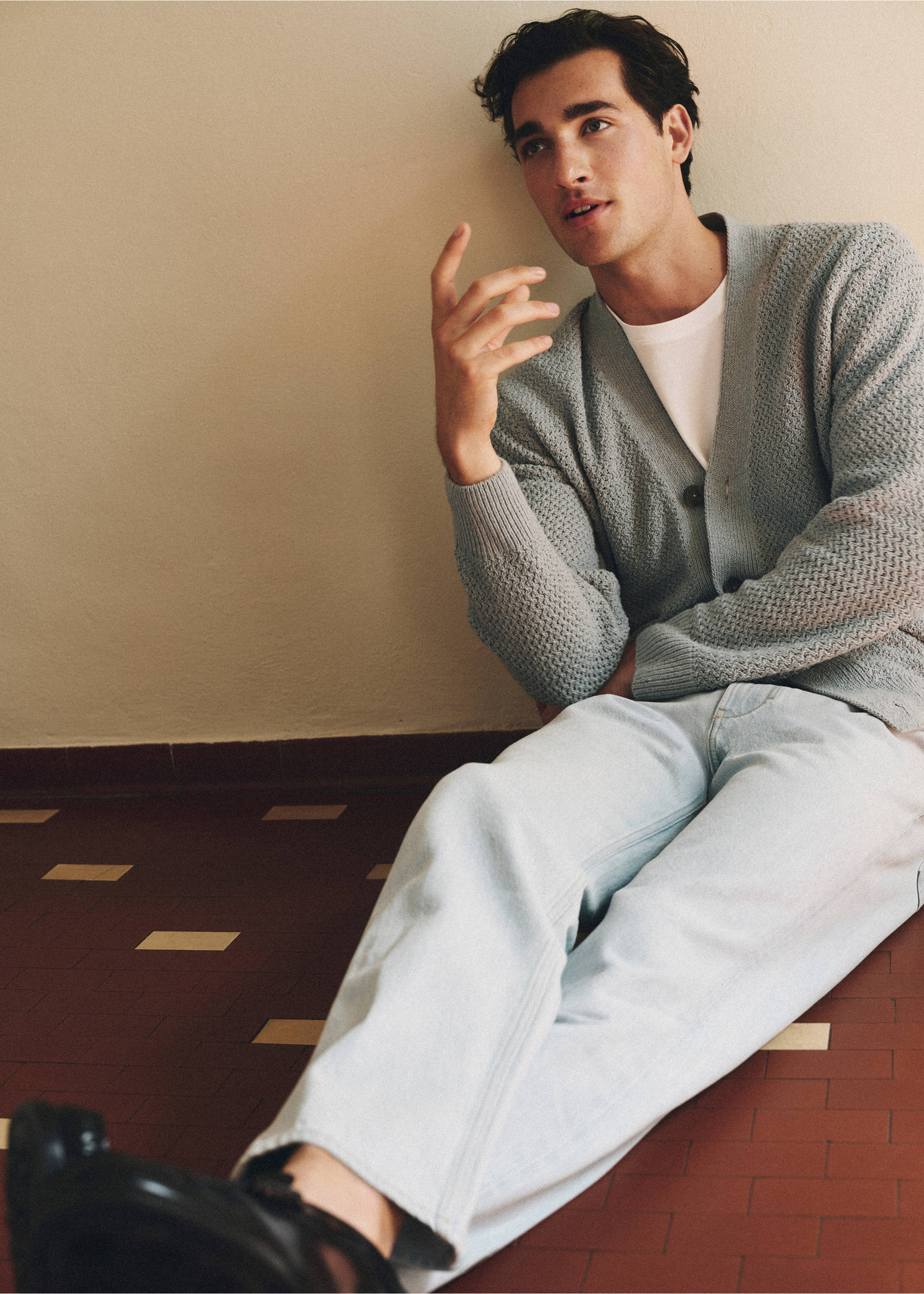100% Italian cotton cable-knit cardigan - Details of the article 5, Sky Blue. Ref: 37085839-00.