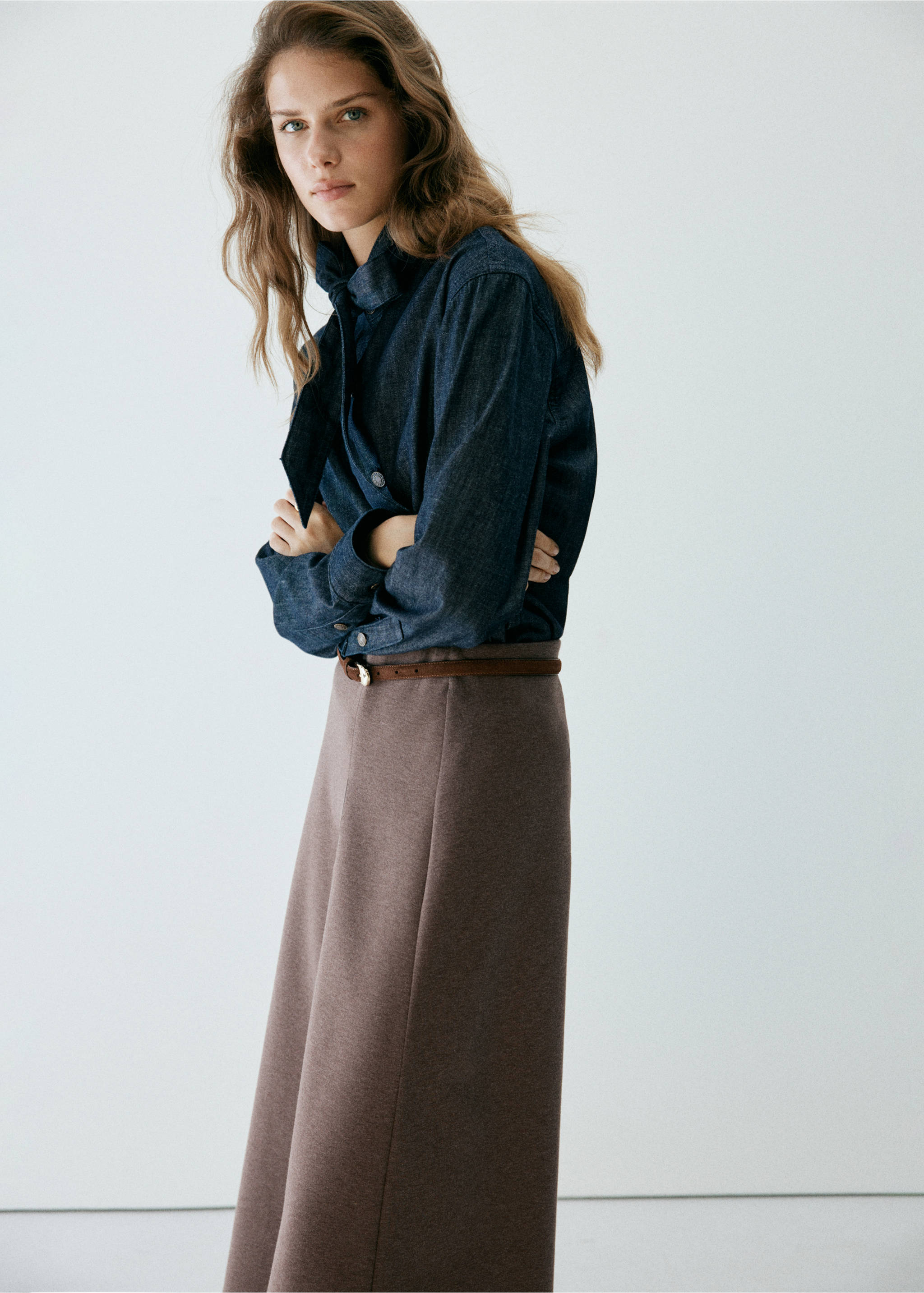 Midi godet skirt - Details of the article 1, Brown. Ref: 37085854-00.