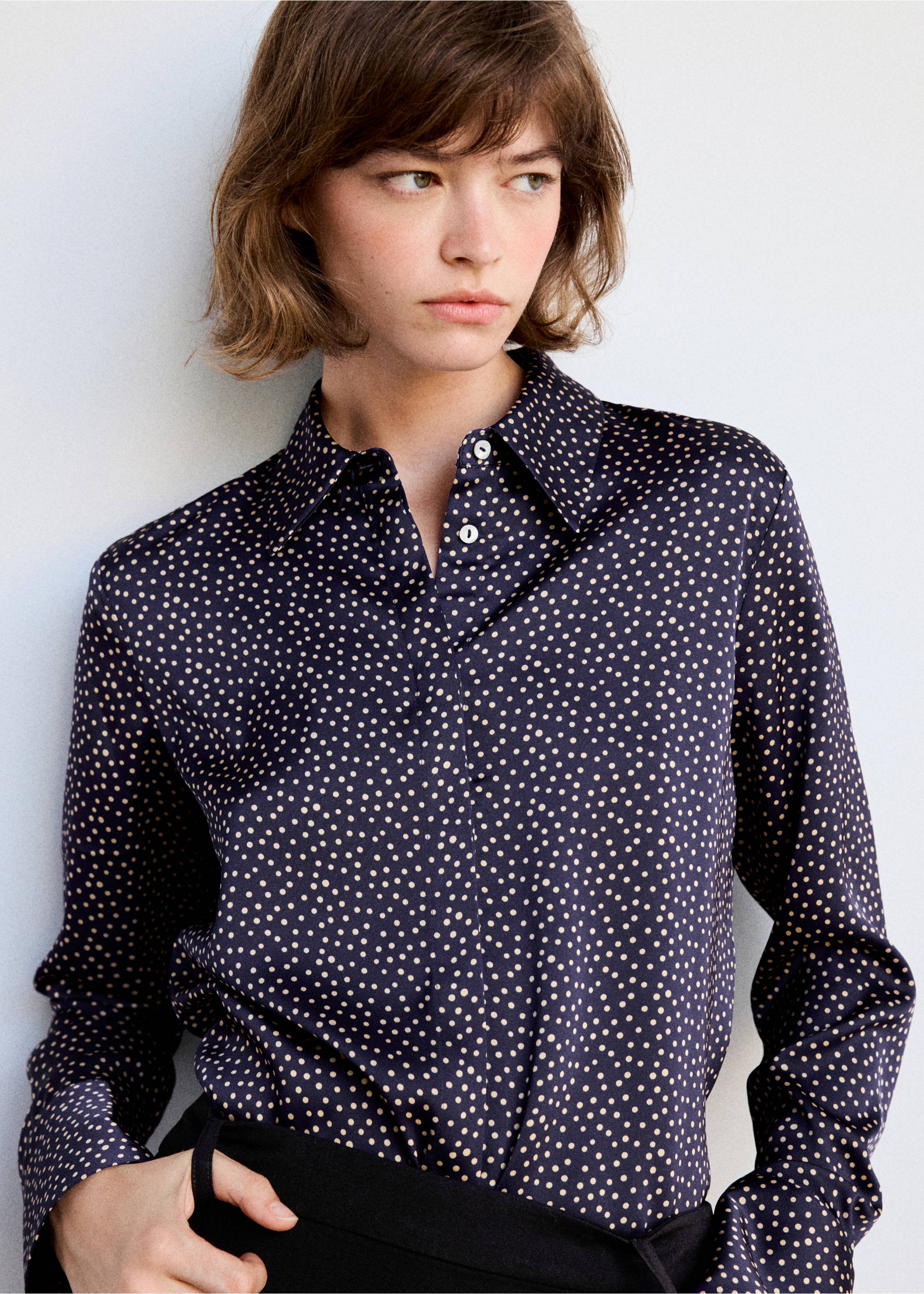 Polka-dot satin-finish shirt - Medium plane, Night Blue. Ref: 37085856-00.