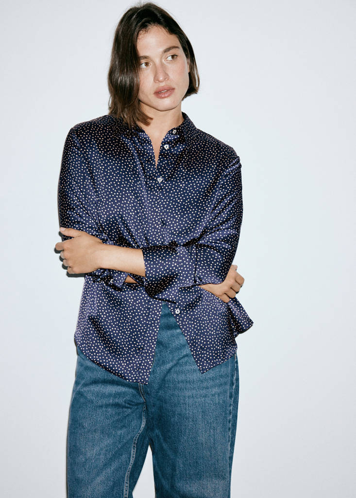 Polka-dot satin-finish shirt — Night Blue