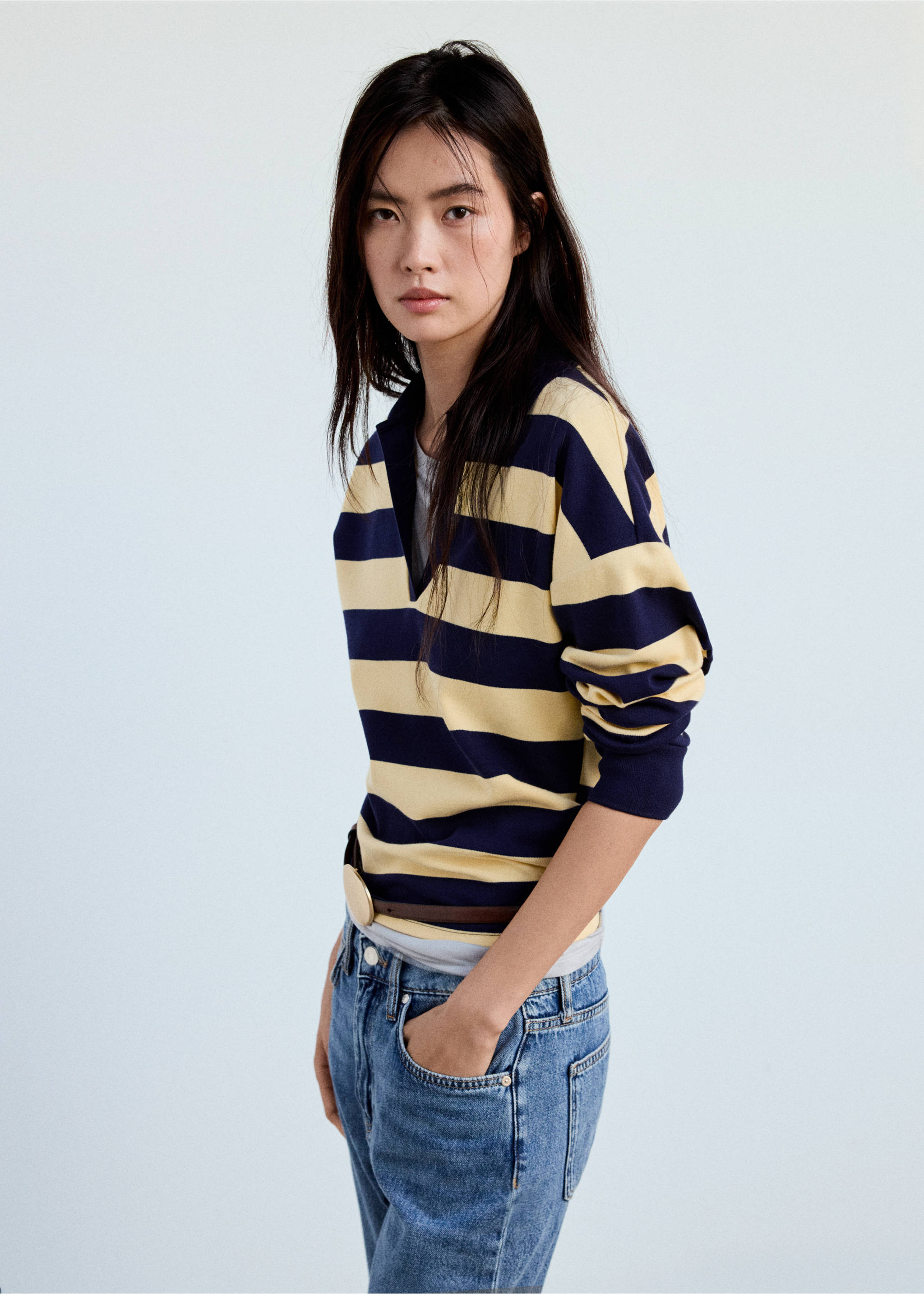 Striped polo-neck sweater - Medium plane, Pastel Yellow. Ref: 37085862-00.