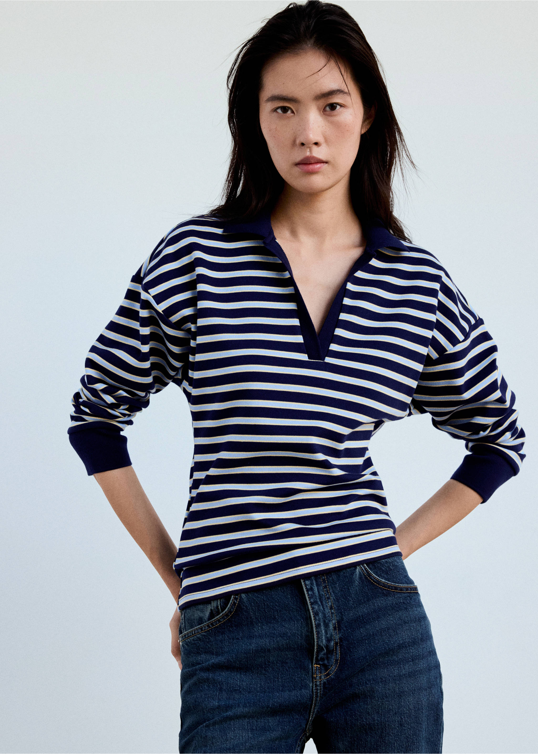 Striped polo-neck sweater - Medium plane, Sky Blue. Ref: 37085862-00.