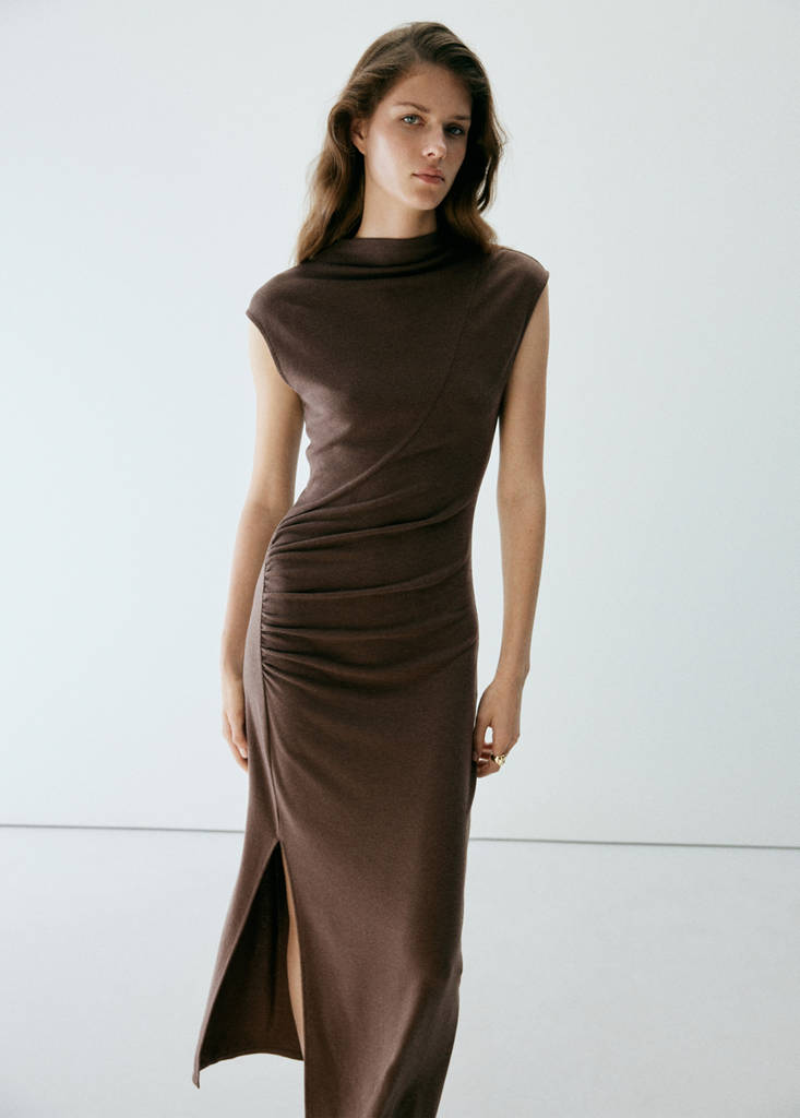 Ruched side knitted dress — Light/Pastel Brown