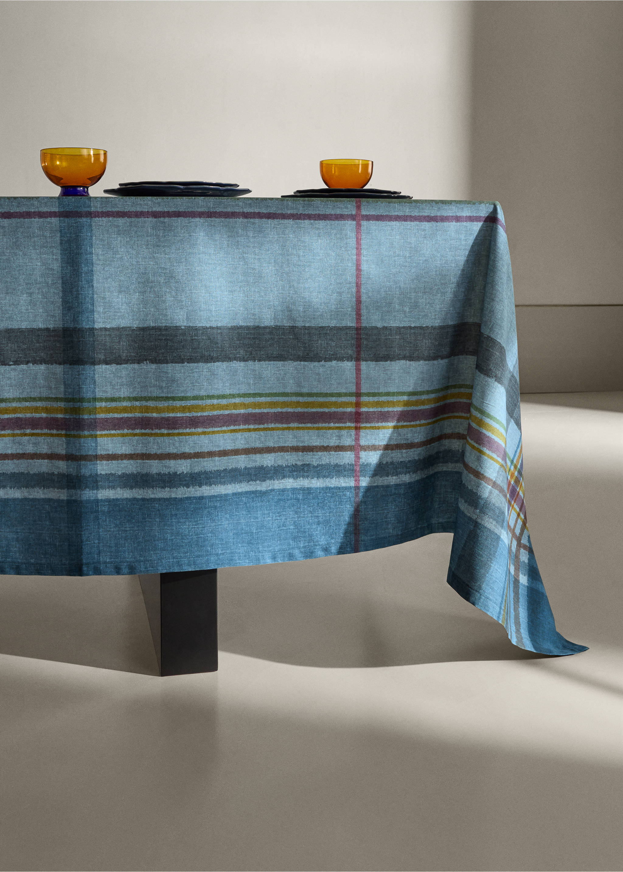 Blue plaid tablecloth on a dining table with place settings., Petrol Blue. Ref: 37085868-00.