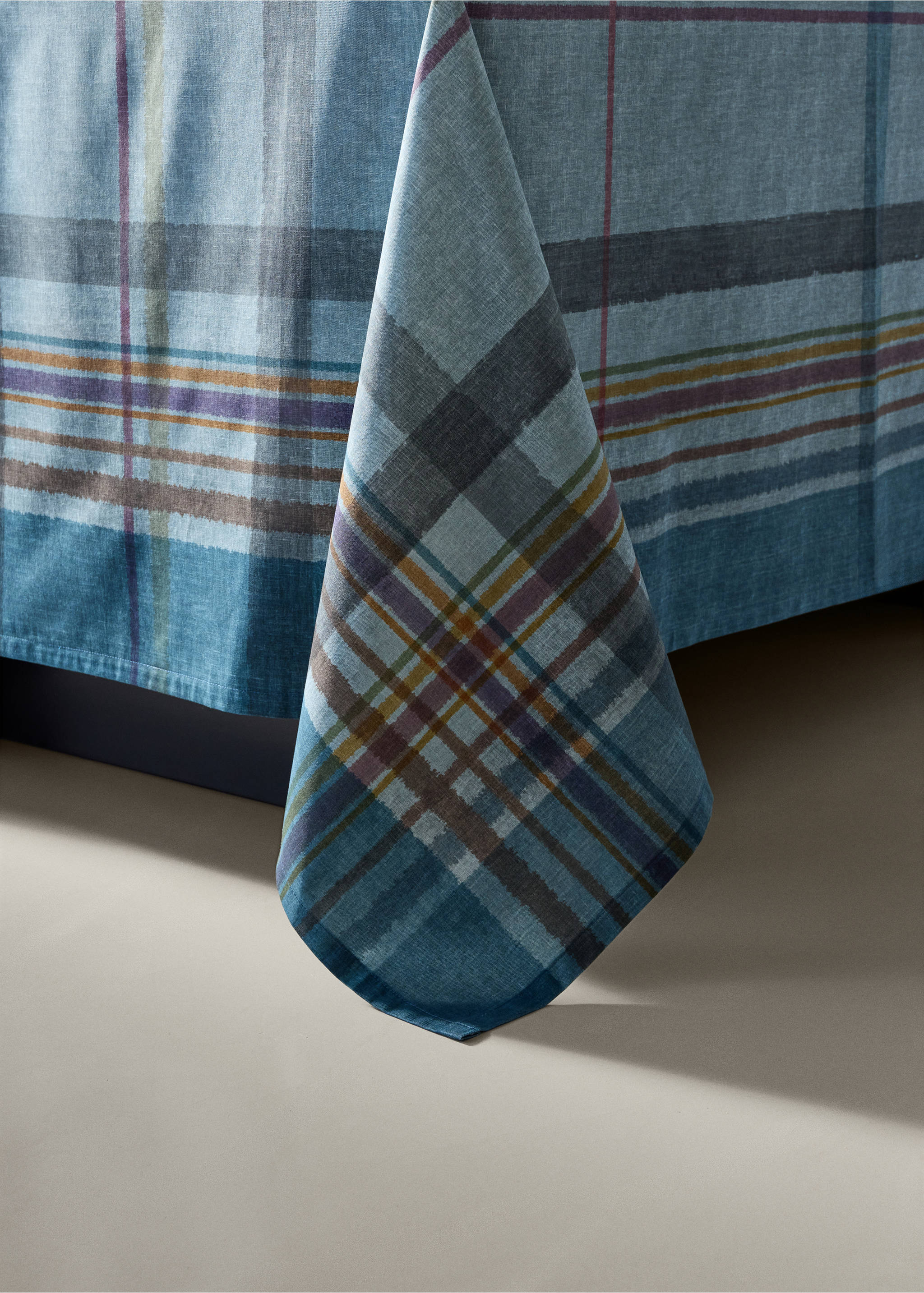 Blue plaid tablecloth with a multi-coloured check pattern., Petrol Blue. Ref: 37085868-00.