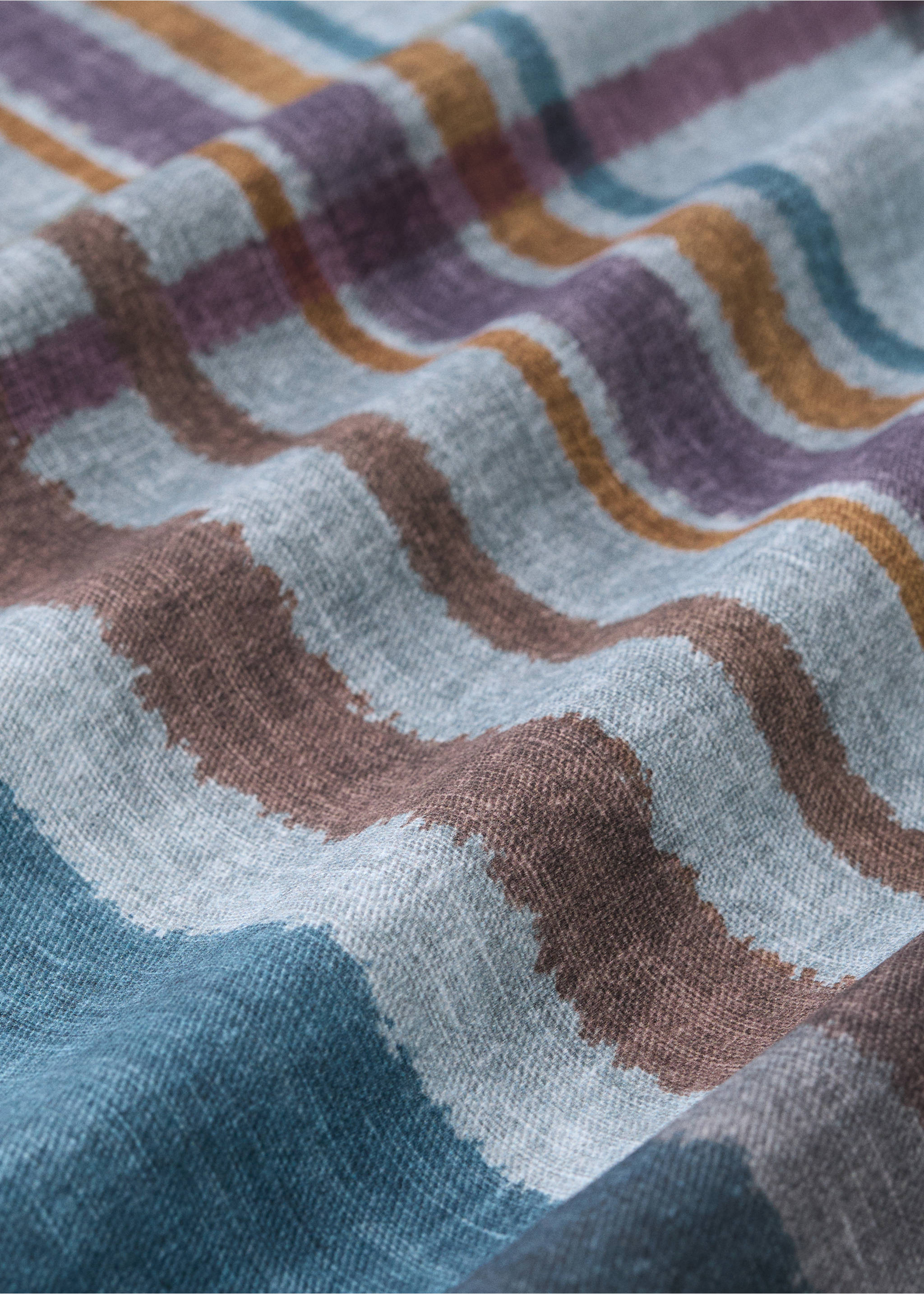 Close-up of a multi-coloured striped tablecloth with soft folds., Petrol Blue. Ref: 37085868-00.