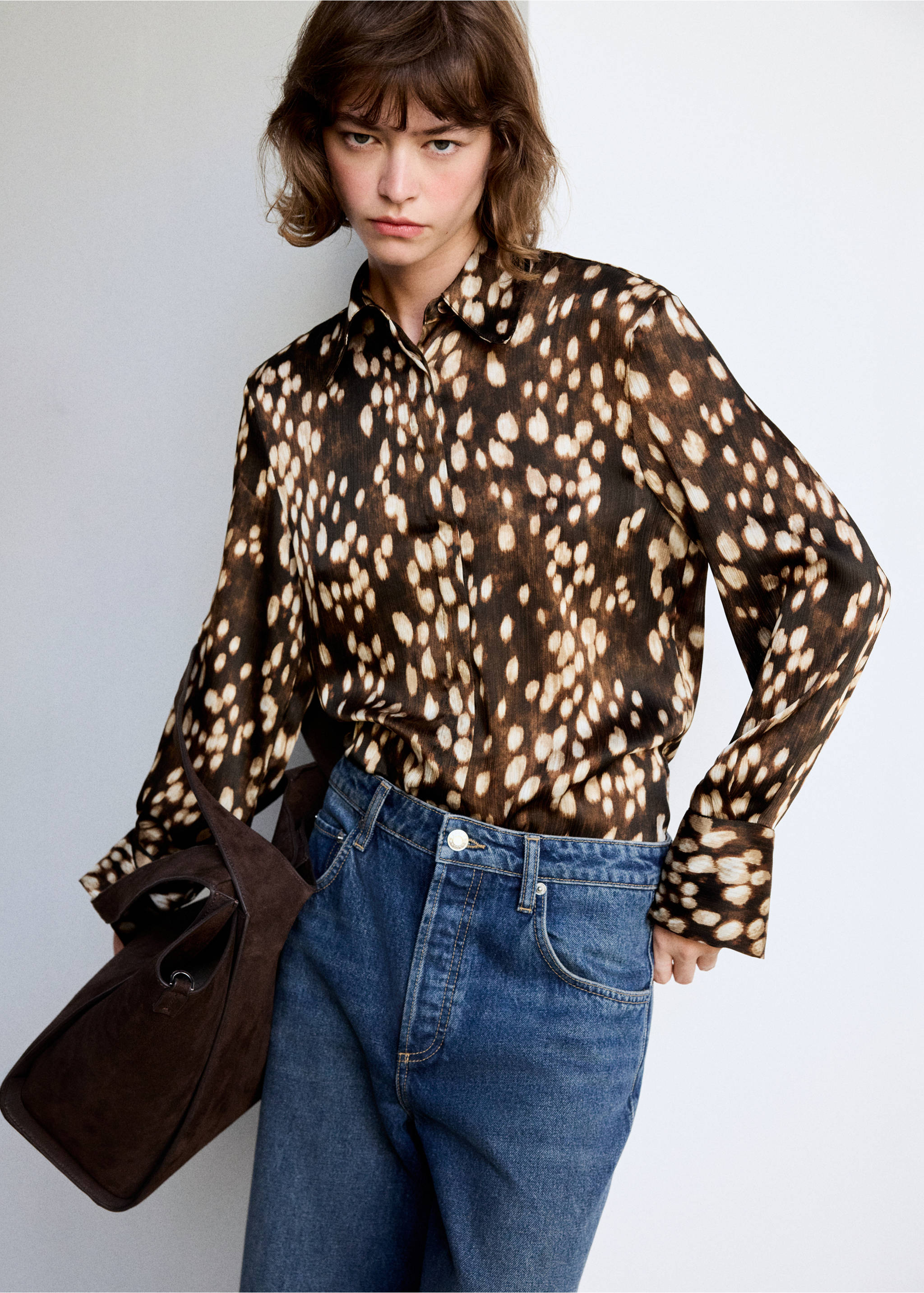 Checked shirt with band collar - Medium plane, Brown. Ref: 37085869-00.