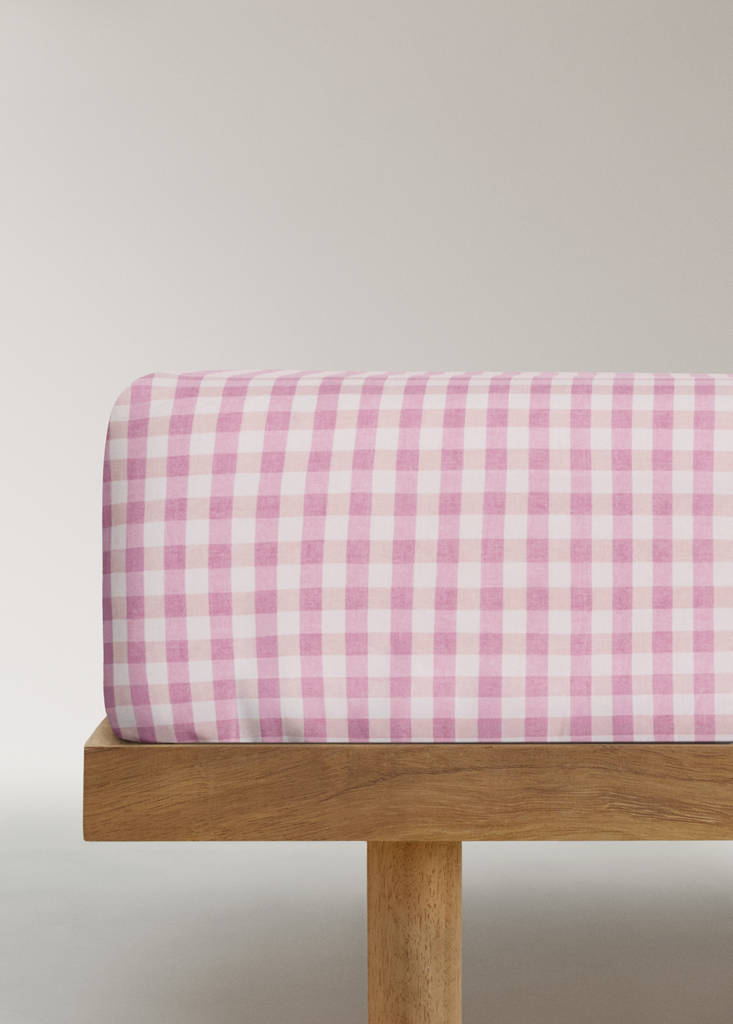 Fitted sheet cotton gingham 90 cm bed — Pink