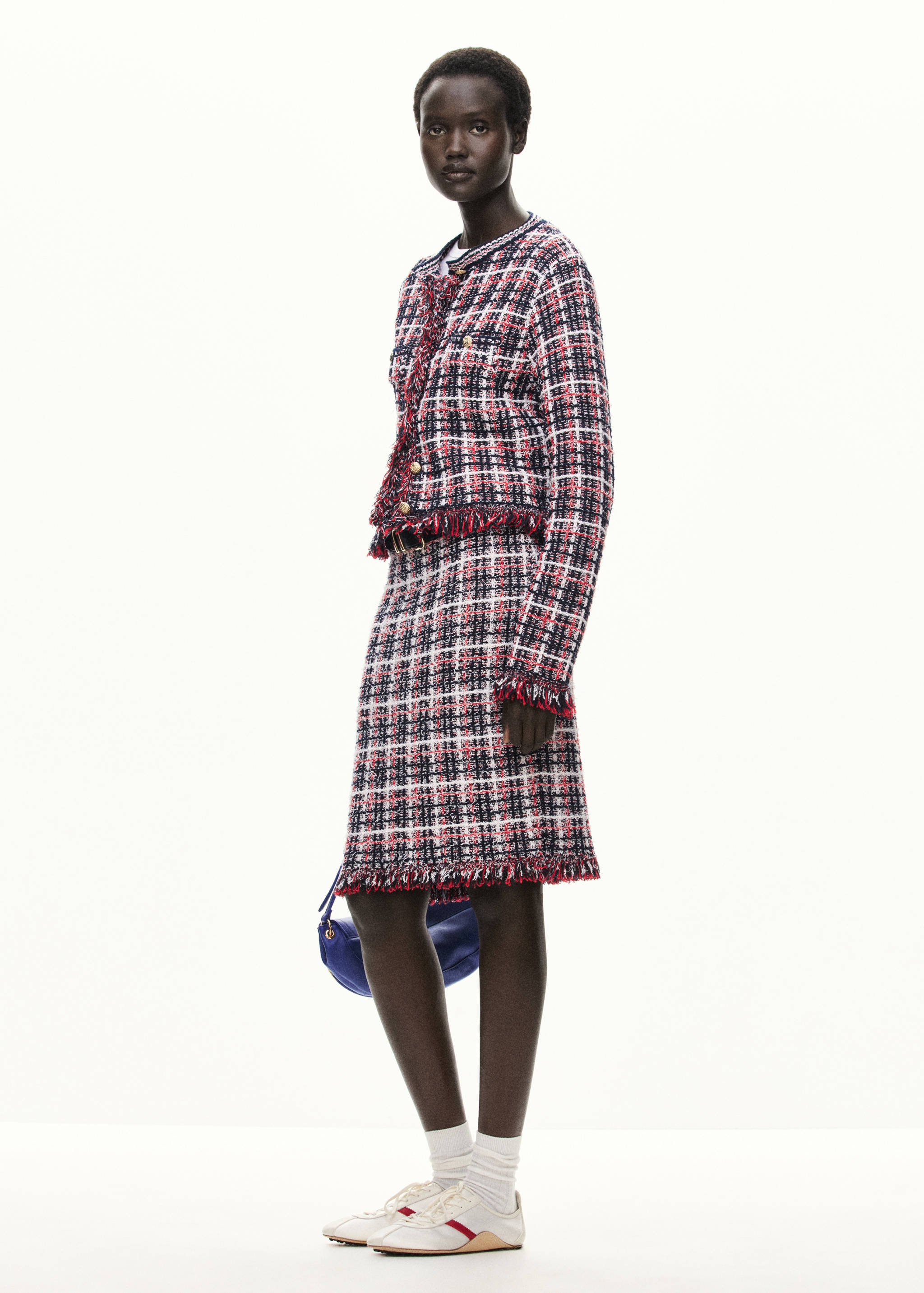 Checked tweed jacket with fringe detail - General plane