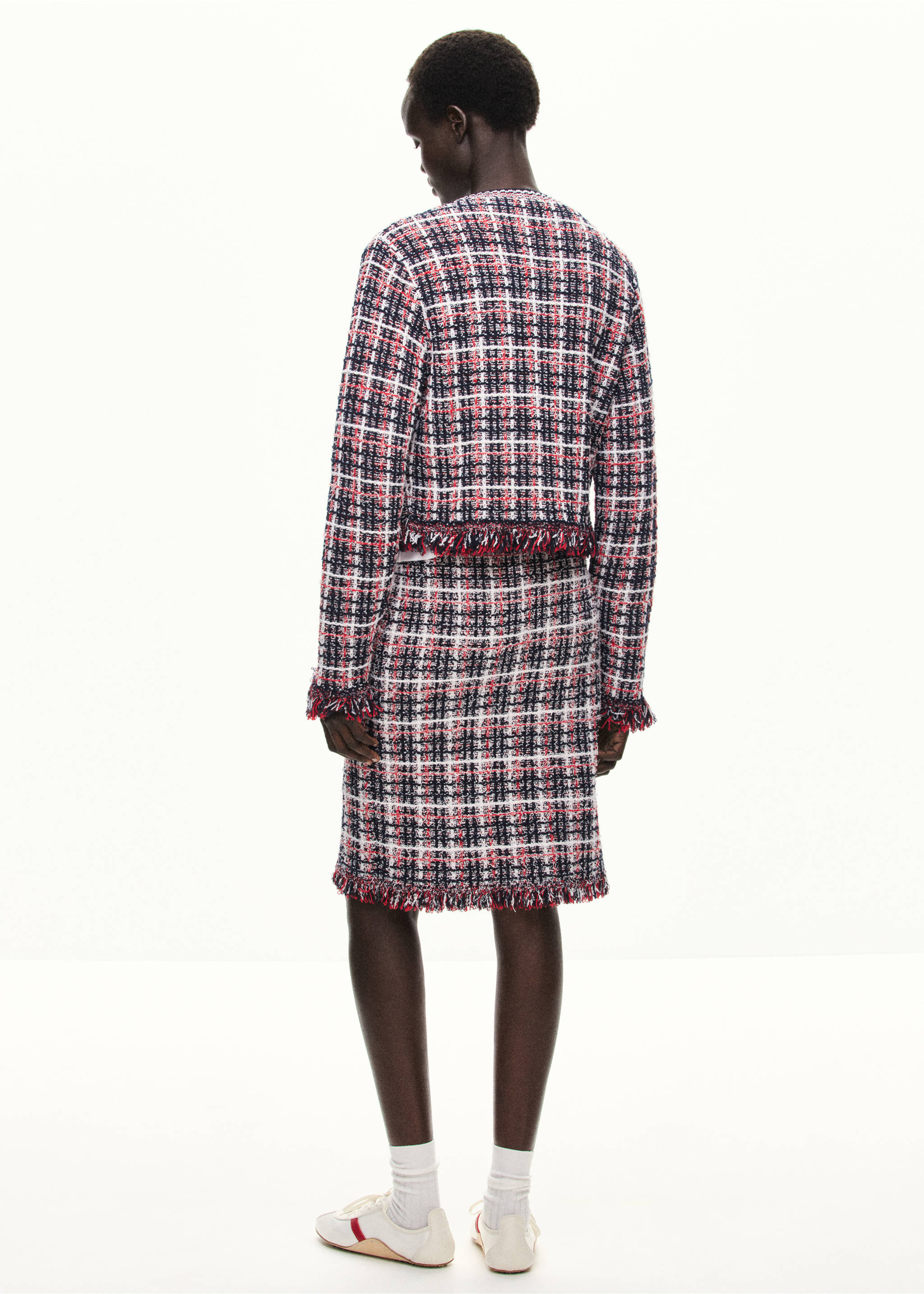 Checked tweed jacket with fringe detail - Reverse of the article, Navy. Ref: 37085876-00.