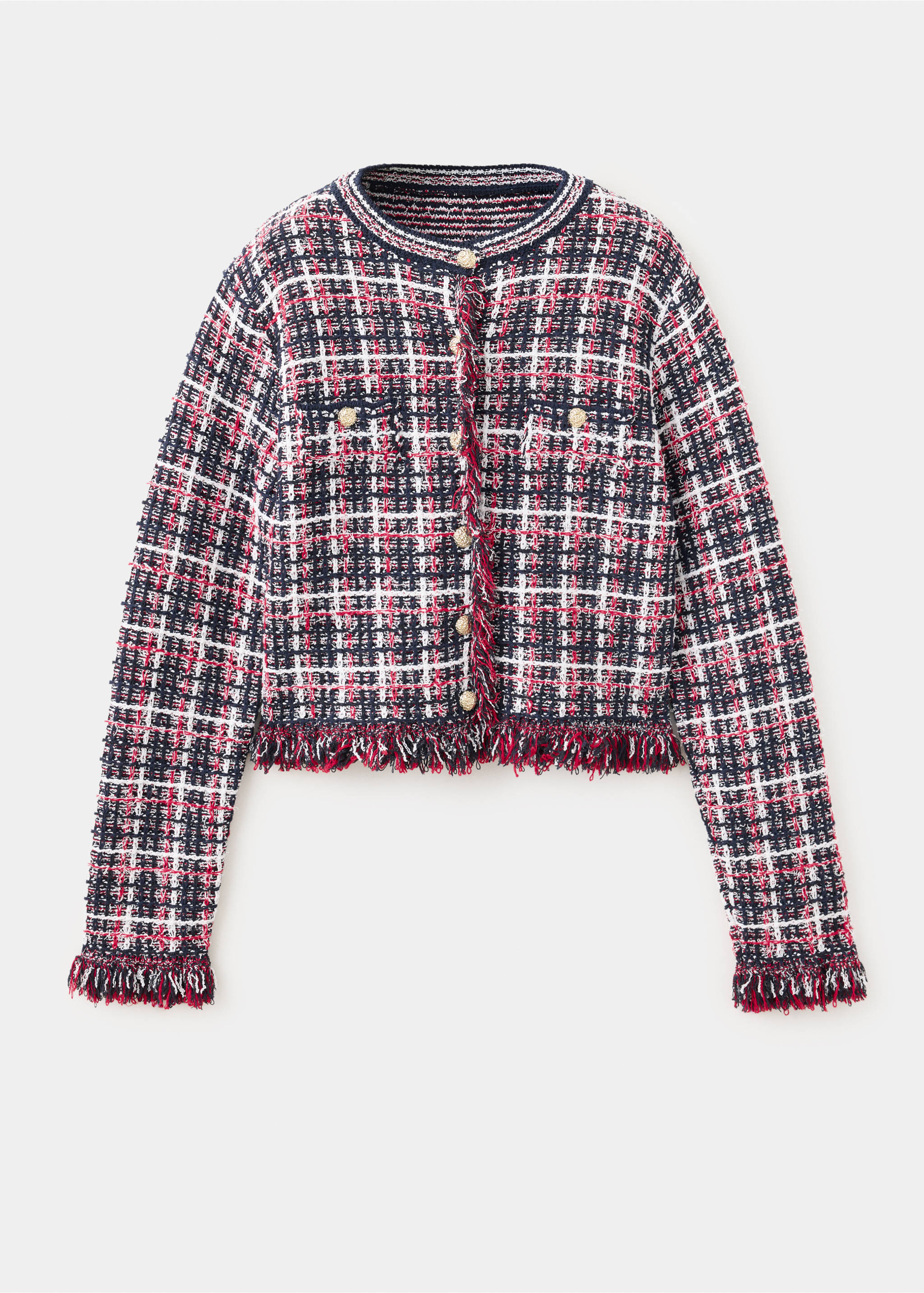 Checked tweed jacket with fringe detail - Article without model, Navy. Ref: 37085876-00.