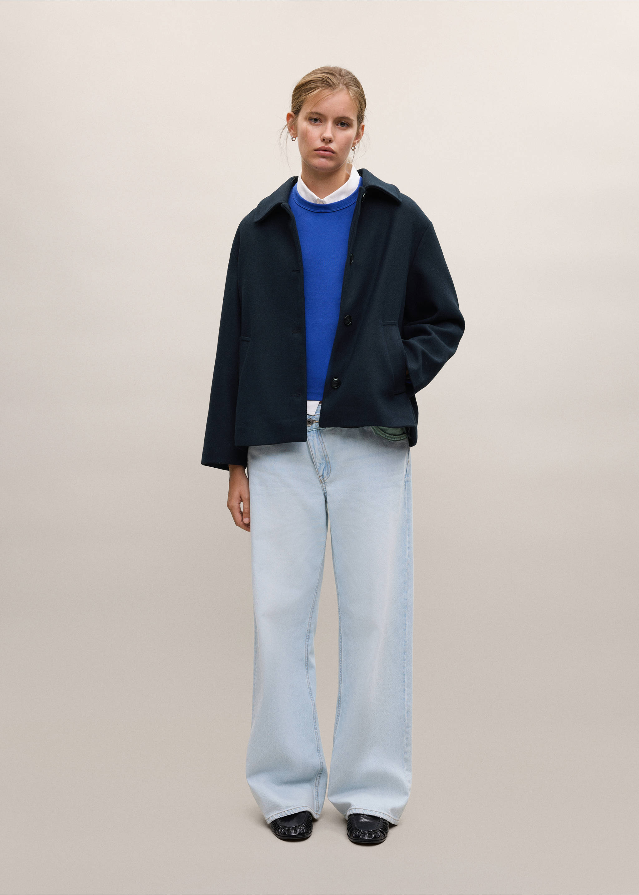 Wool-blend coat with button fastening - General plane, Navy. Ref: 37085972-00.
