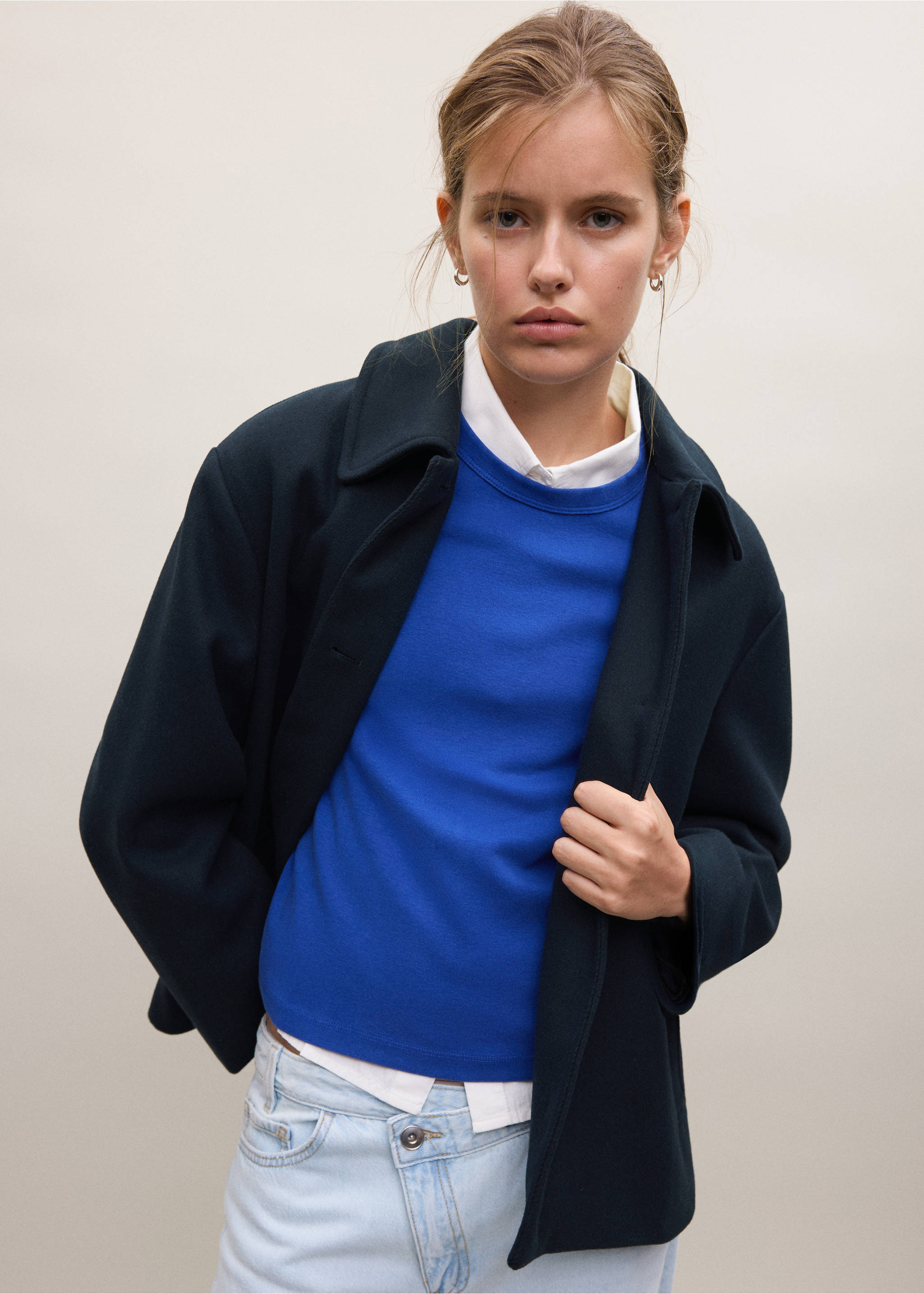 Wool-blend coat with button fastening - Medium plane, Navy. Ref: 37085972-00.
