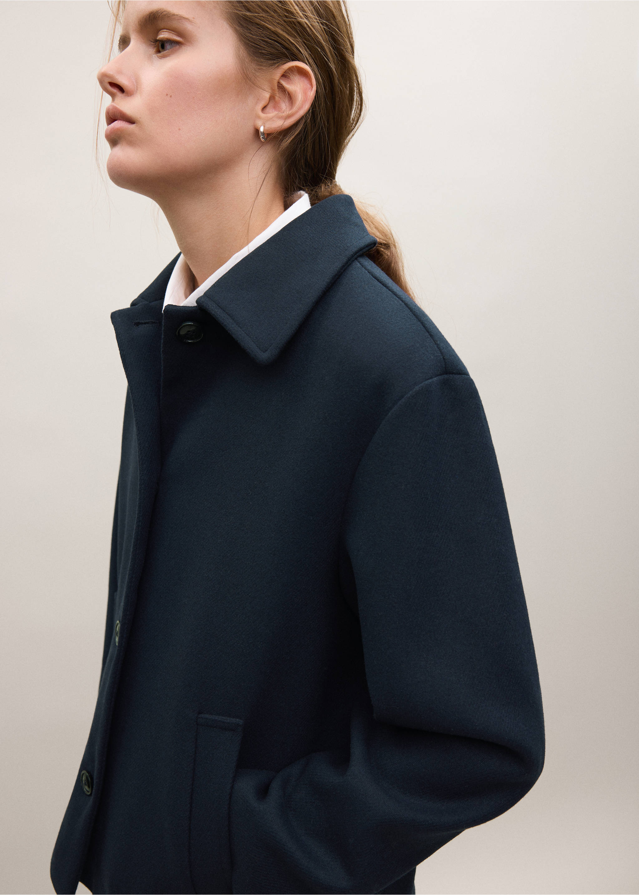 Wool-blend coat with button fastening - Details of the article 3, Navy. Ref: 37085972-00.