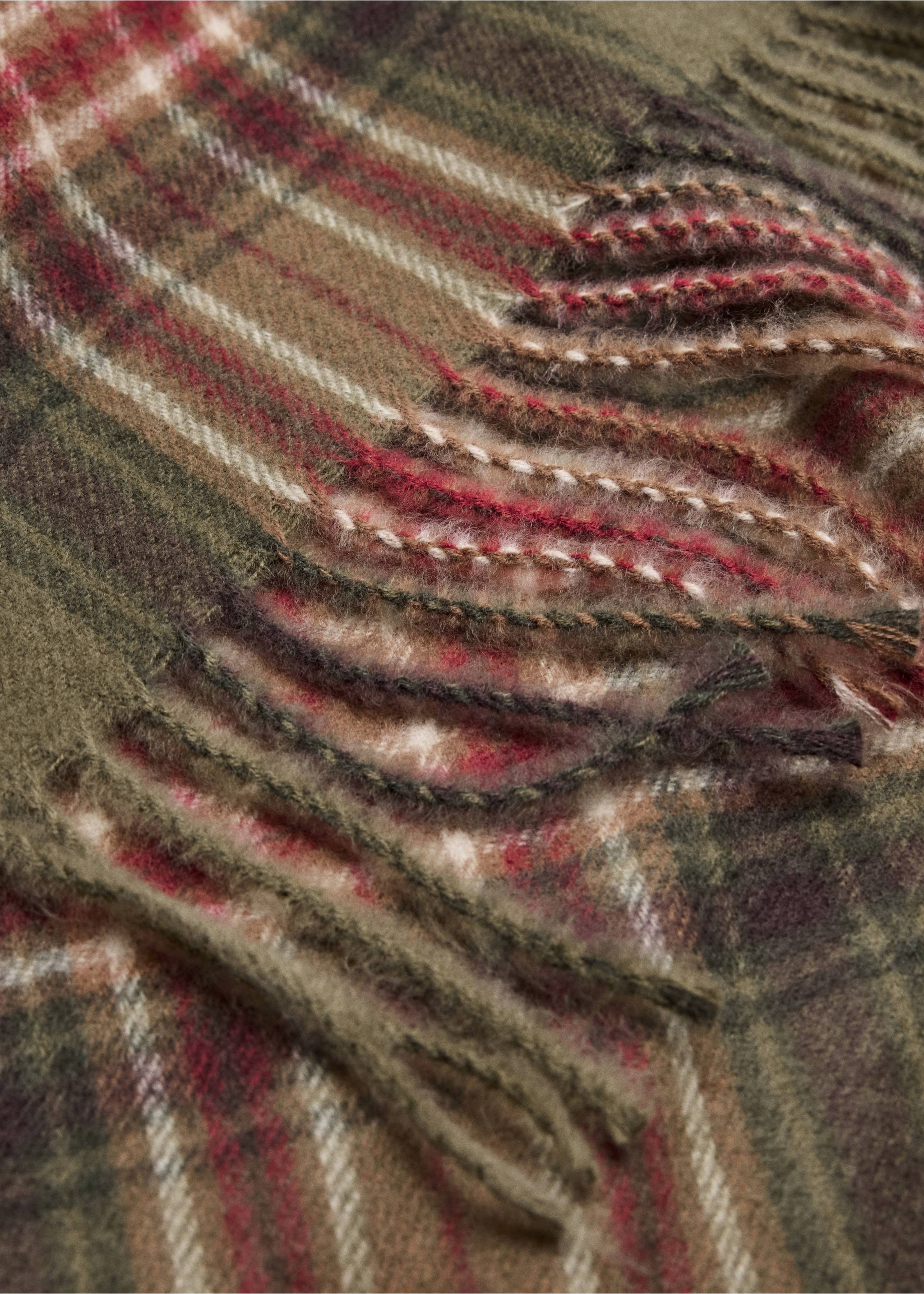 Fringed check scarf - Medium plane, Khaki. Ref: 37085978-00.