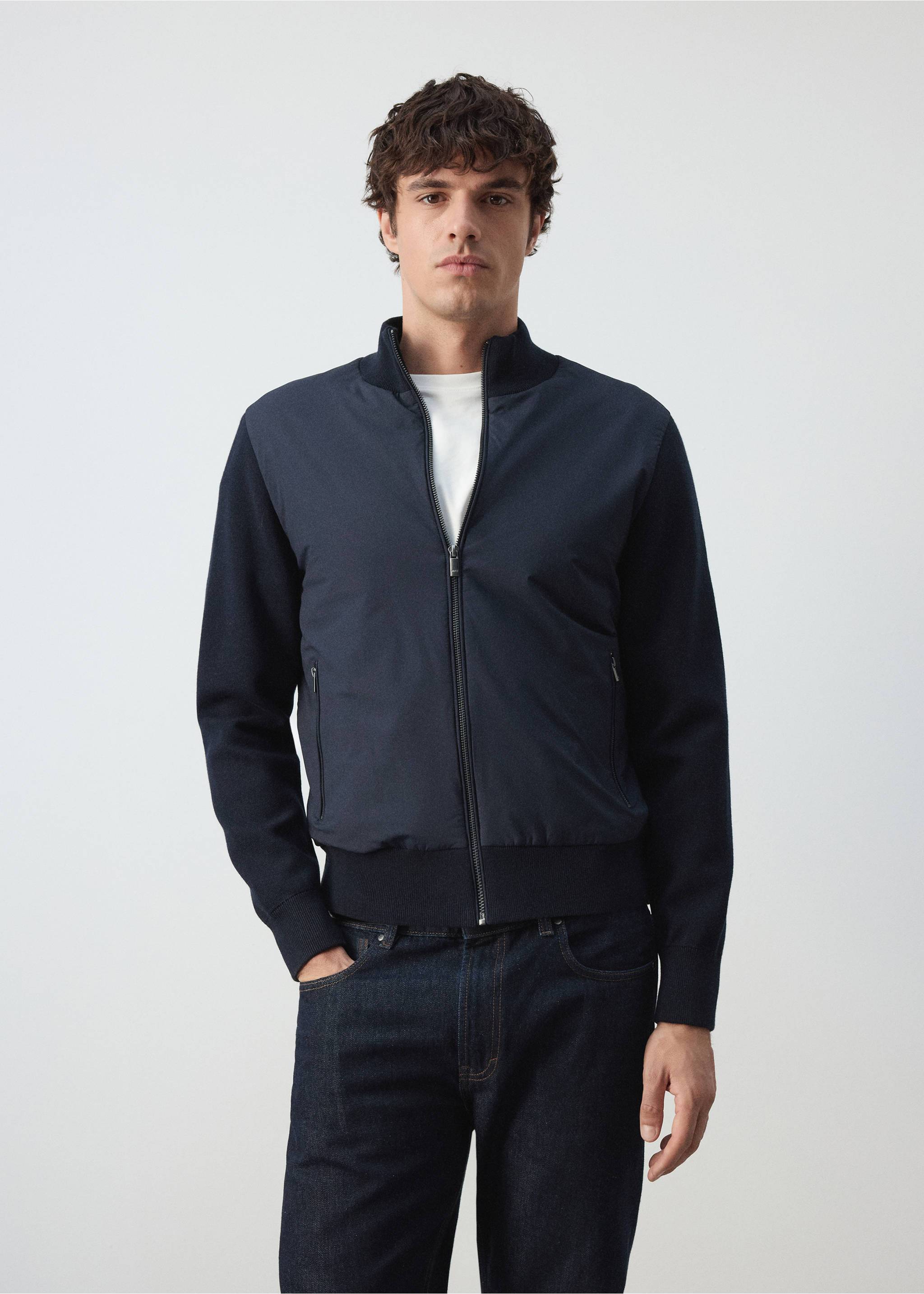 Cotton-blend bomber jacket - Medium plane, Navy. Ref: 37085980-00.
