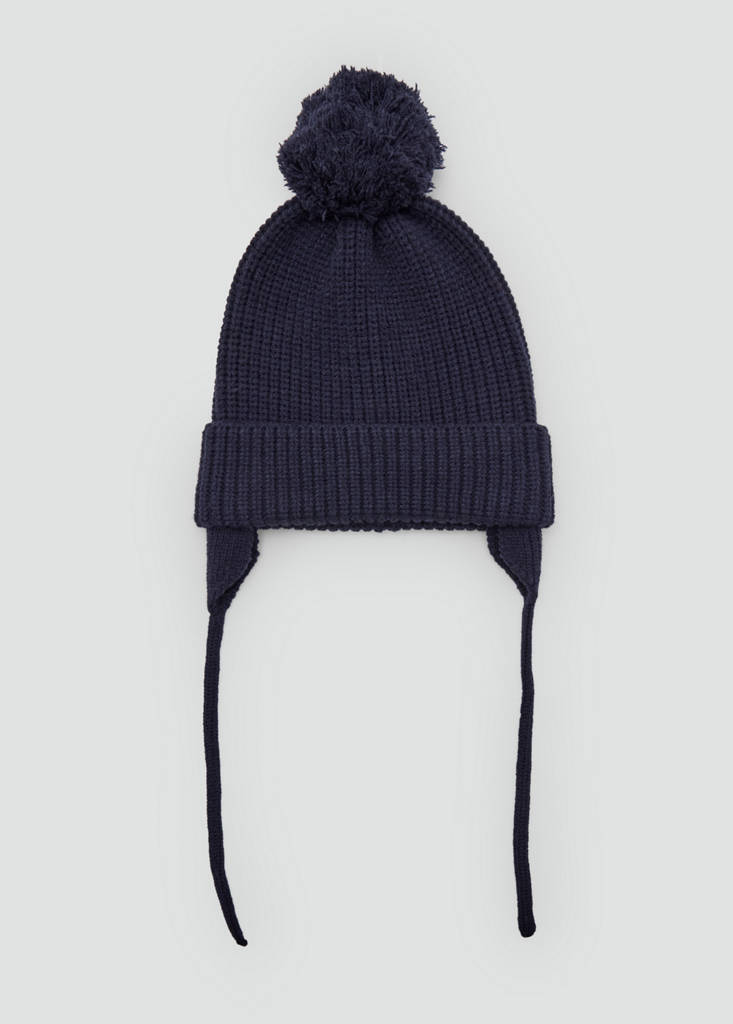 Knitted hat with pom-pom and earflaps — Navy
