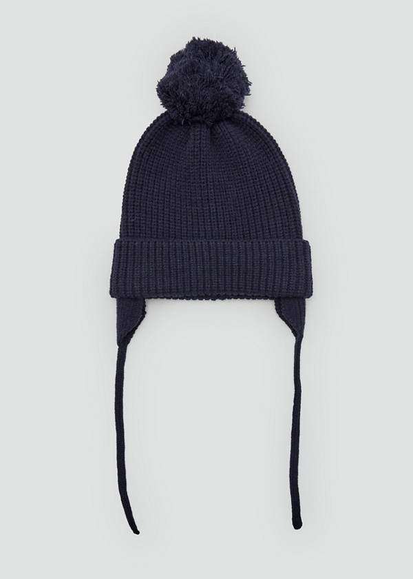 Knitted hat with pom-pom and earflaps — Navy