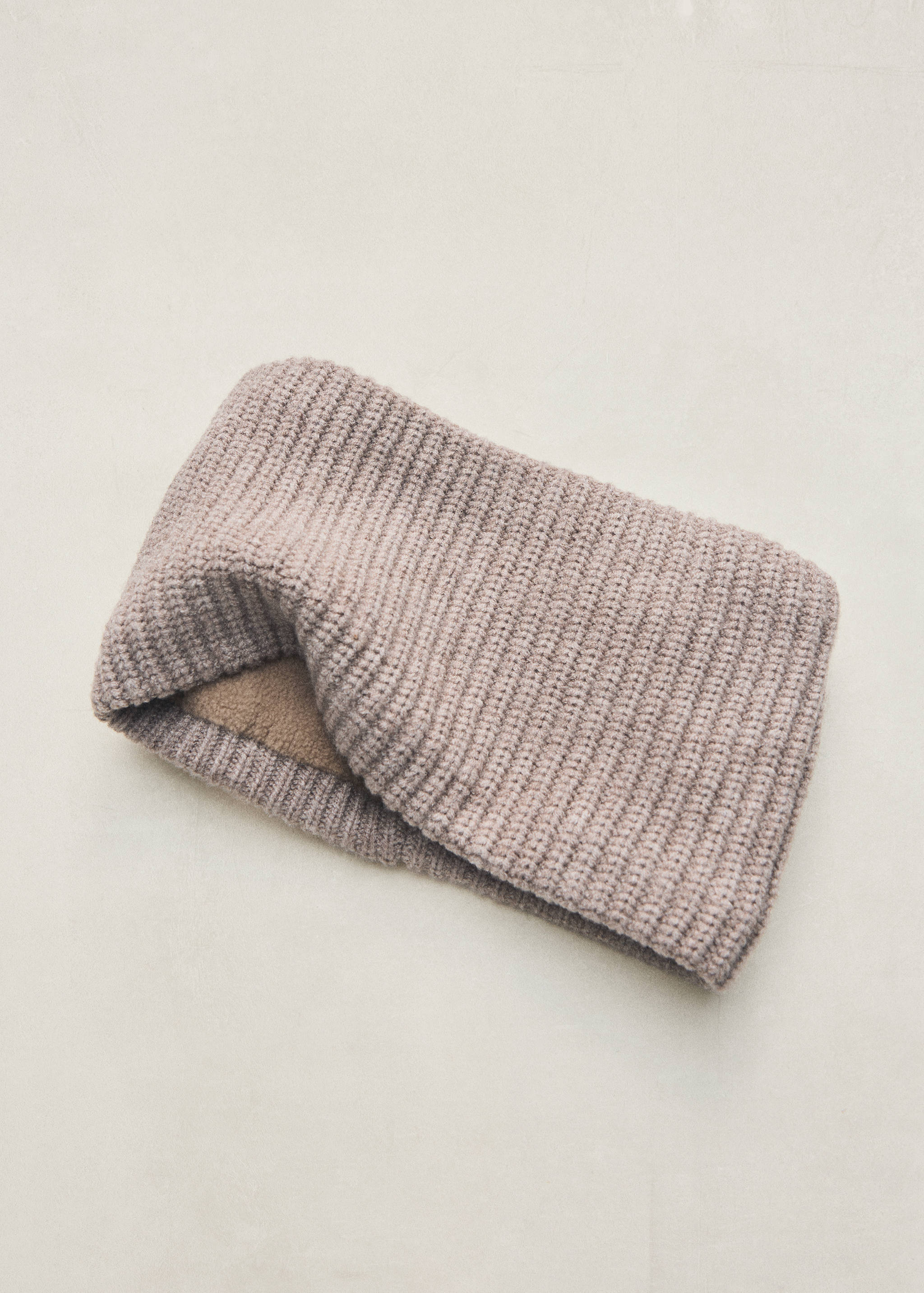 Taupe ribbed knit children's scarf with a soft lining.