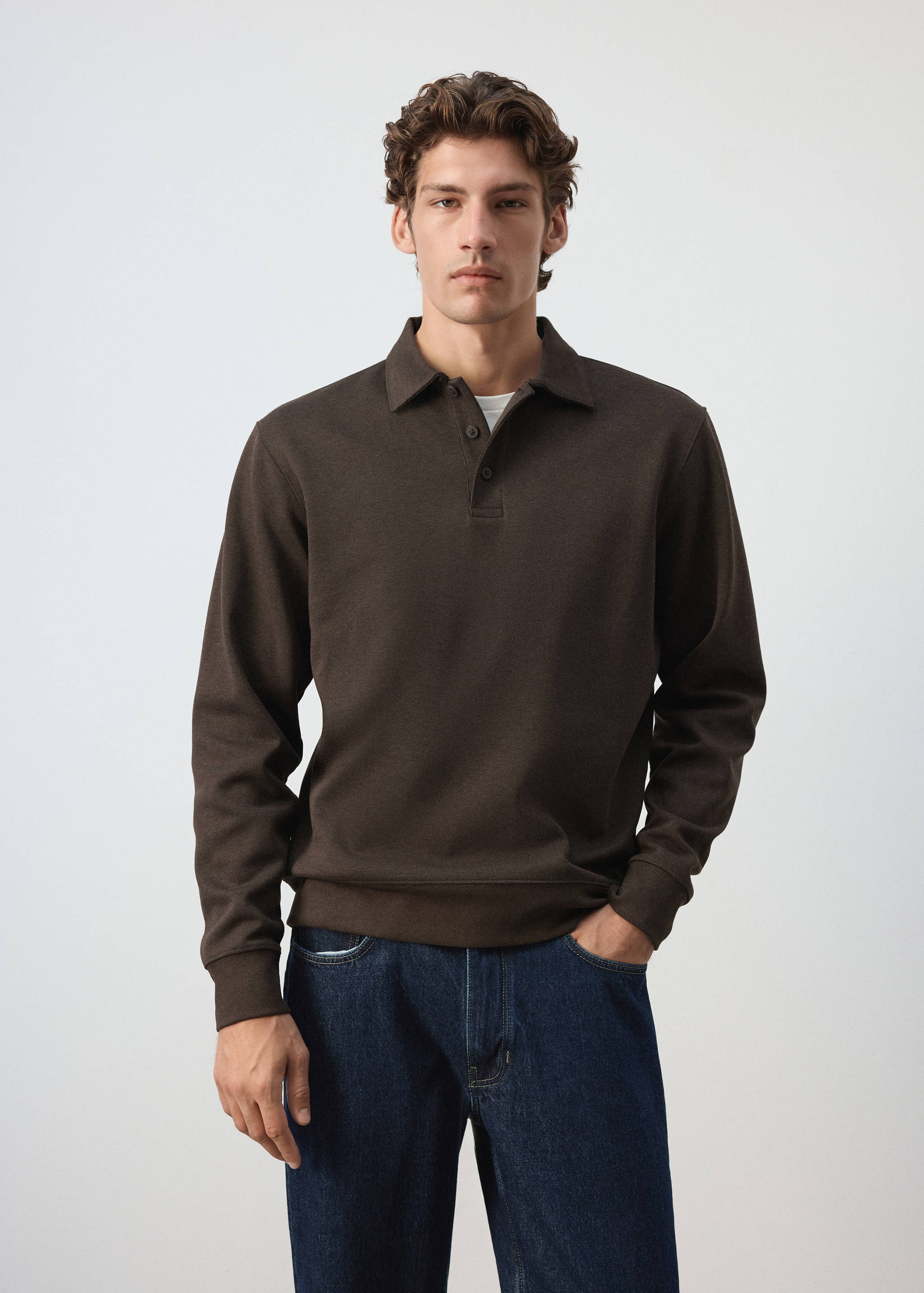 Dark brown long-sleeved polo sweatshirt with a button placket and ribbed trims.