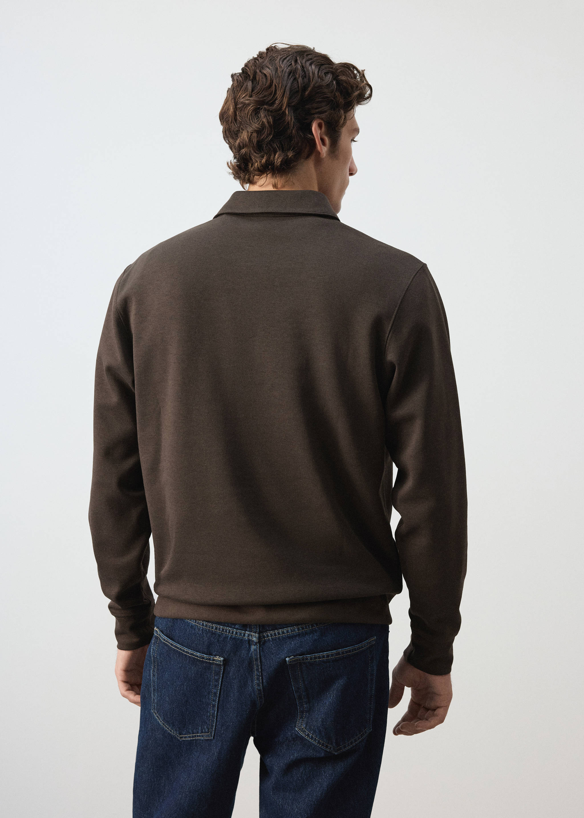 Brown sweatshirt with a polo collar, back view.