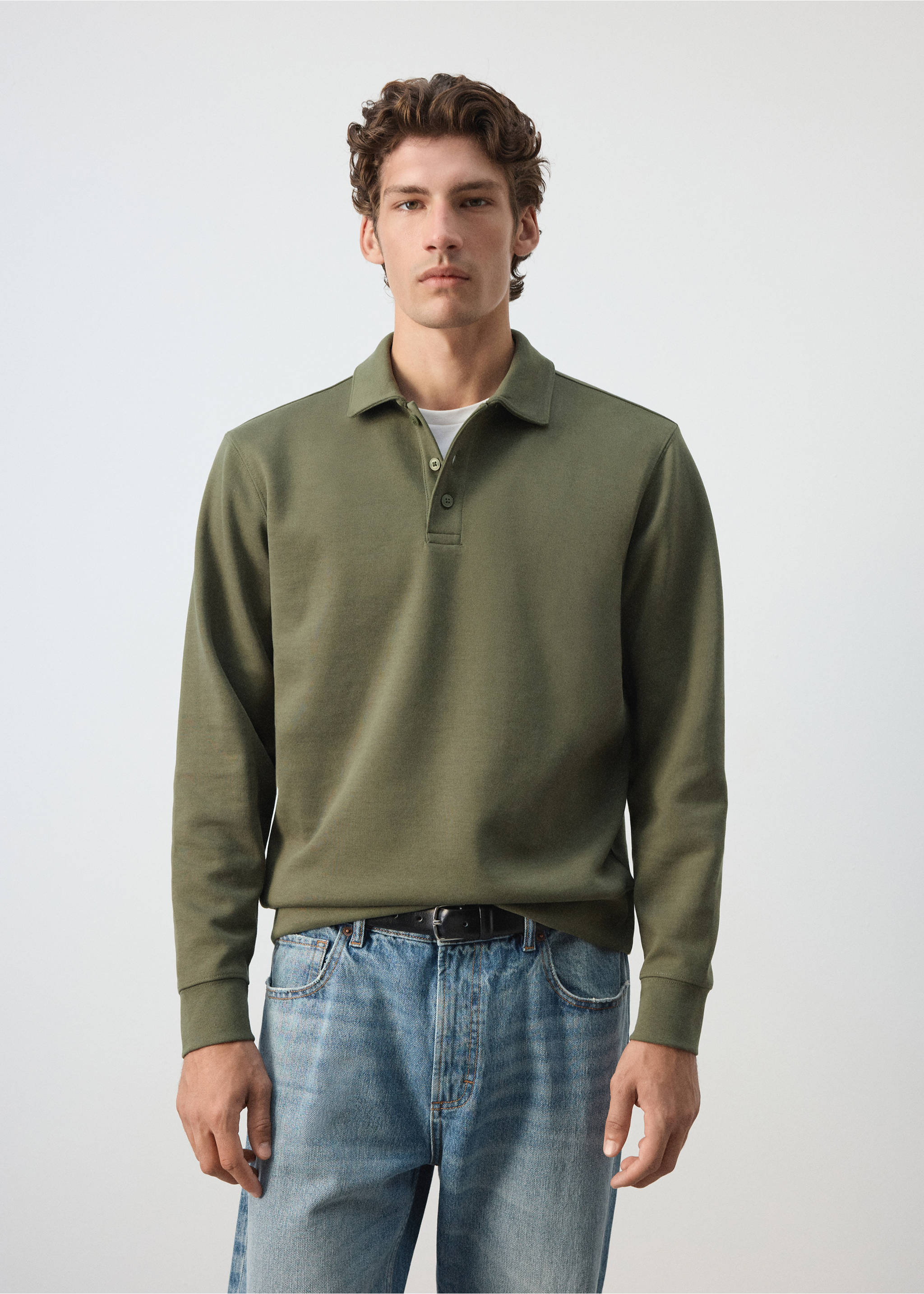 Olive green sweatshirt with polo collar and button placket., Khaki. Ref: 37085998-00.