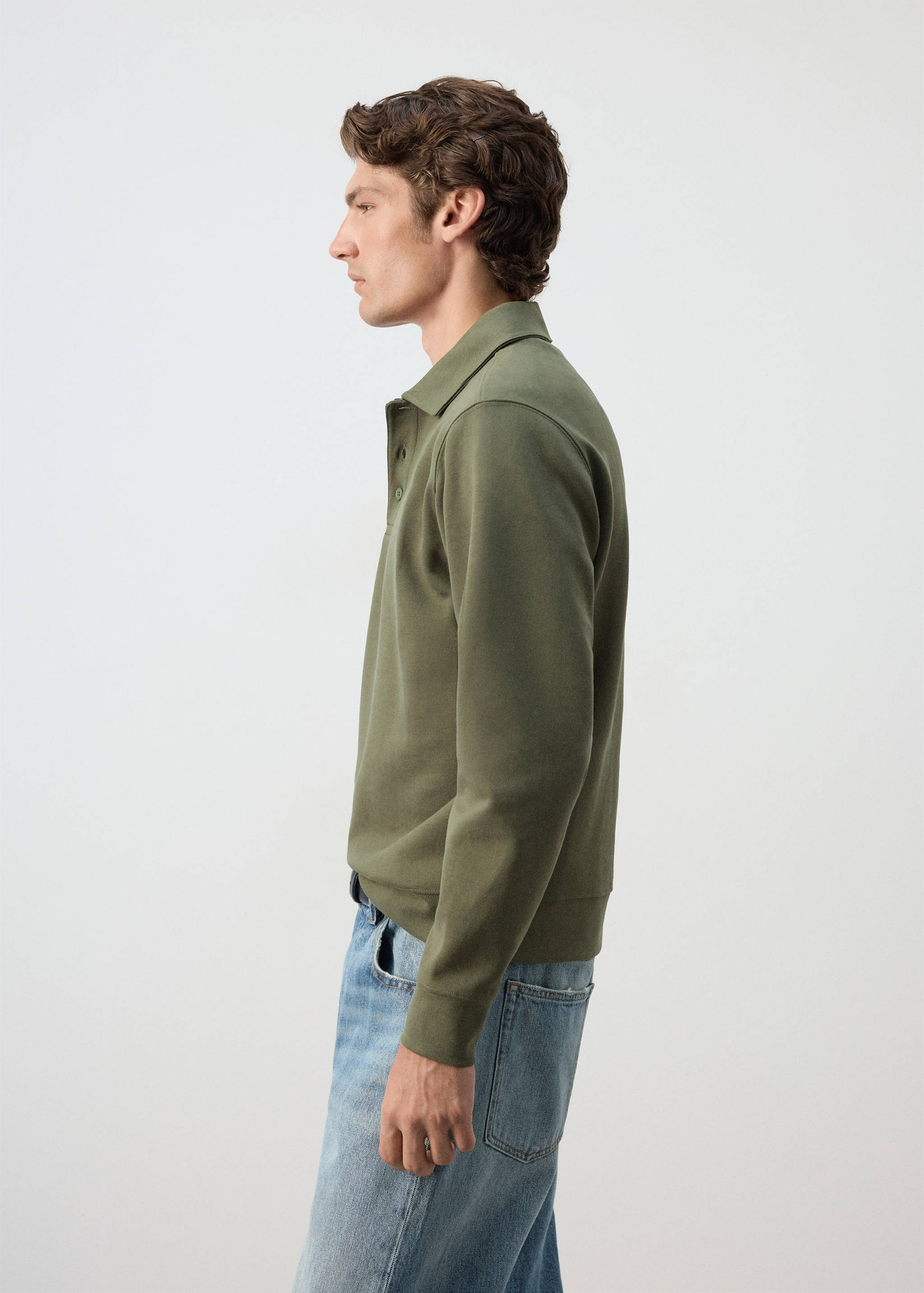 Olive green long-sleeved polo sweatshirt with a button placket.